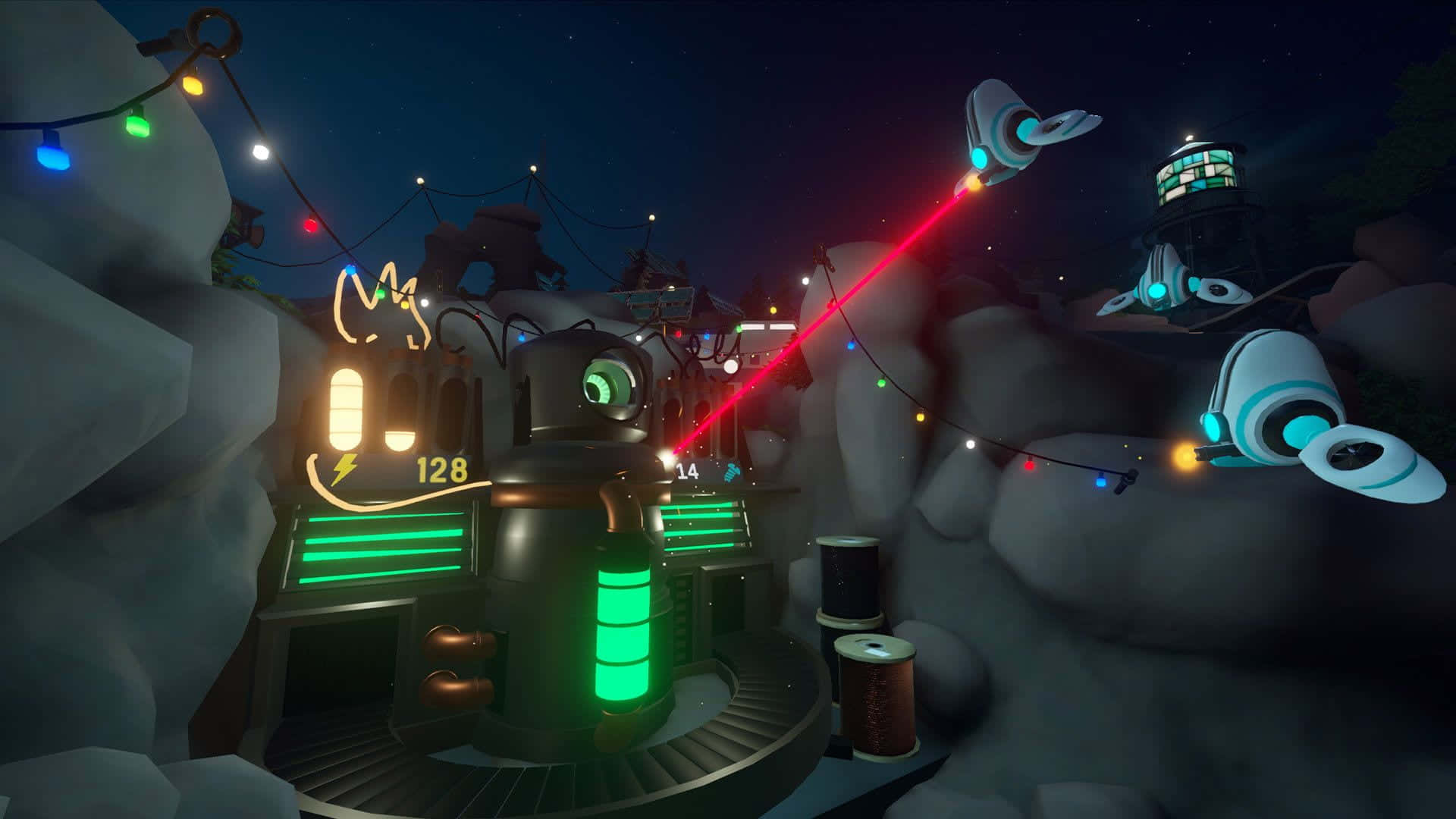 Tower Defence, neon-lit sci-fi game scene, night, Full HD Desktop Wallpaper