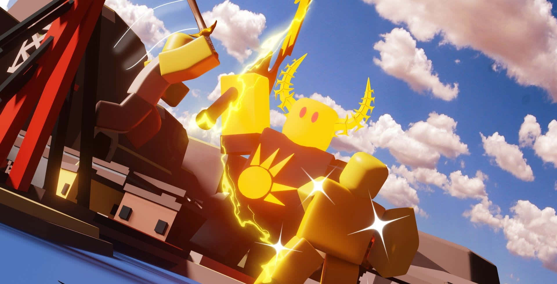 golden blocky robot, glowing sun emblem, lightning bolts, Full HD Desktop Wallpaper