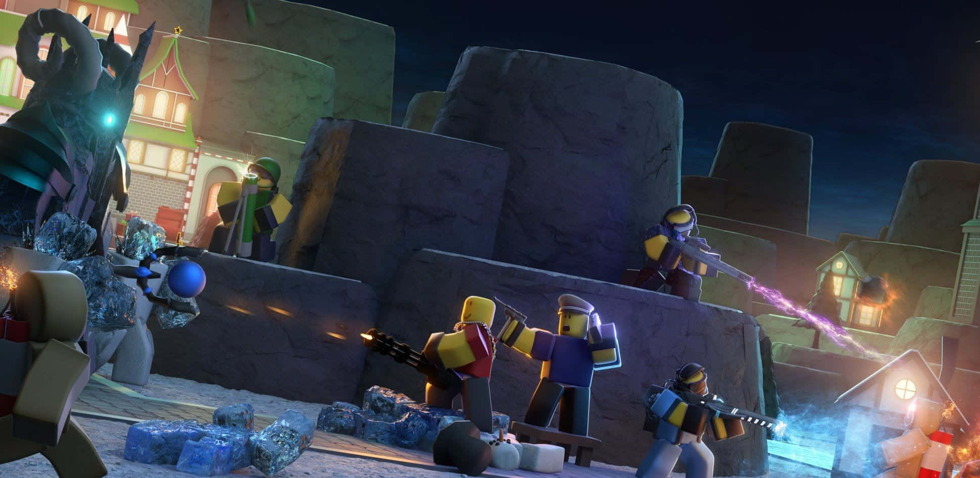 Tower Defence, LEGO-style, nighttime village, Full HD Desktop Wallpaper