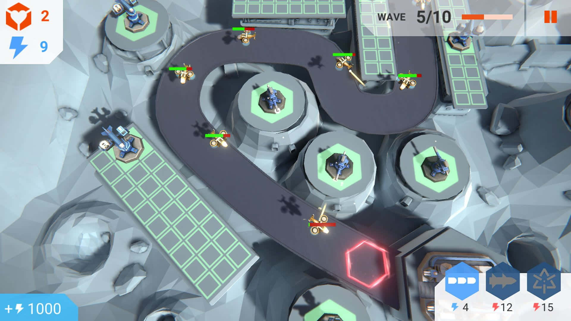 Tower Defence, low-poly, glowing green platforms, Full HD Desktop Wallpaper
