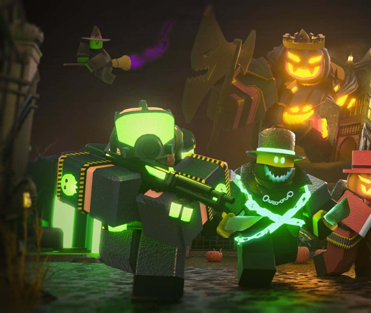 Roblox-style, spooky Halloween scene, jack-o-lantern giant, HD Desktop Wallpaper