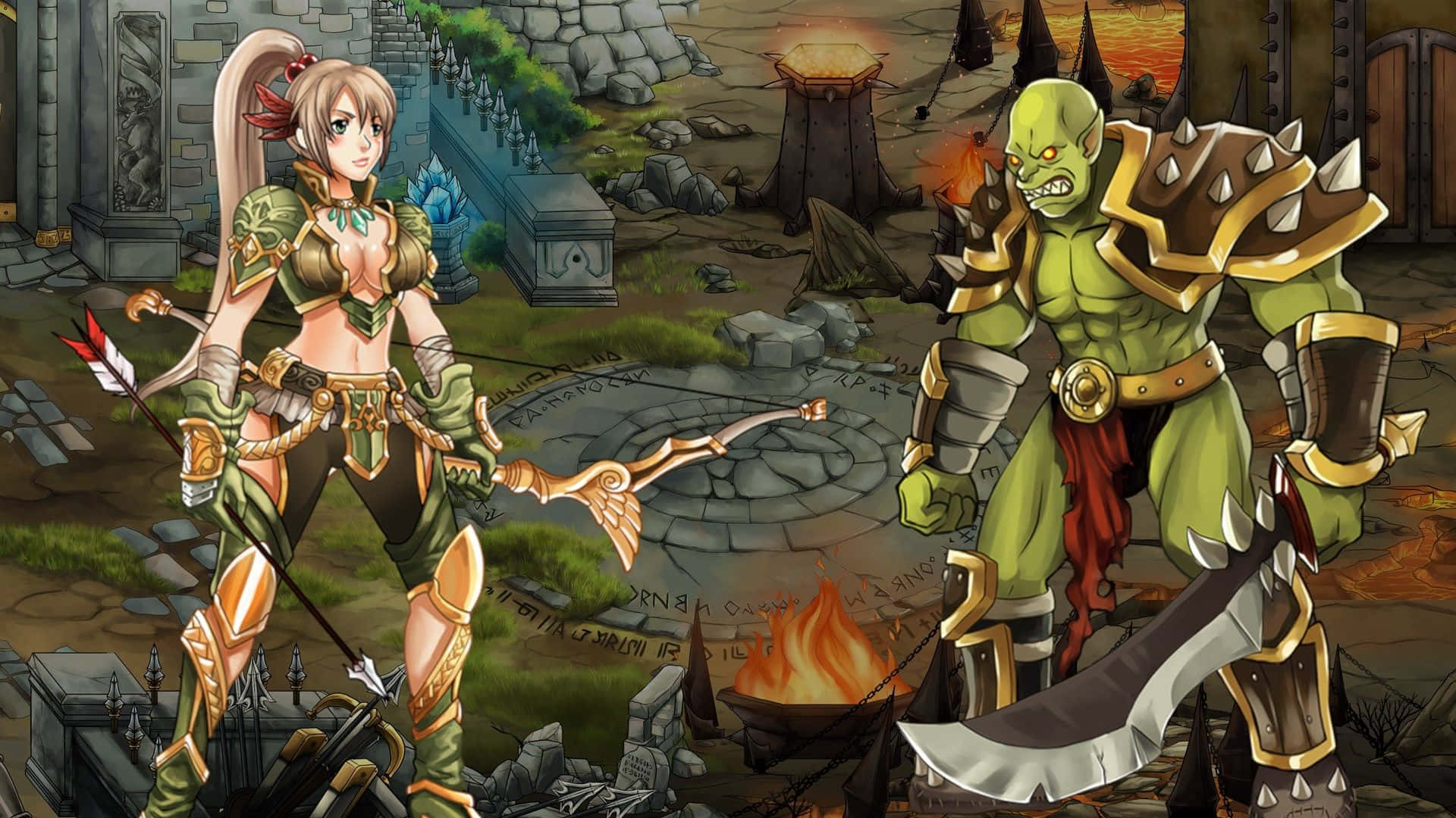 Tower Defence, female archer, green armor, Full HD Desktop Wallpaper