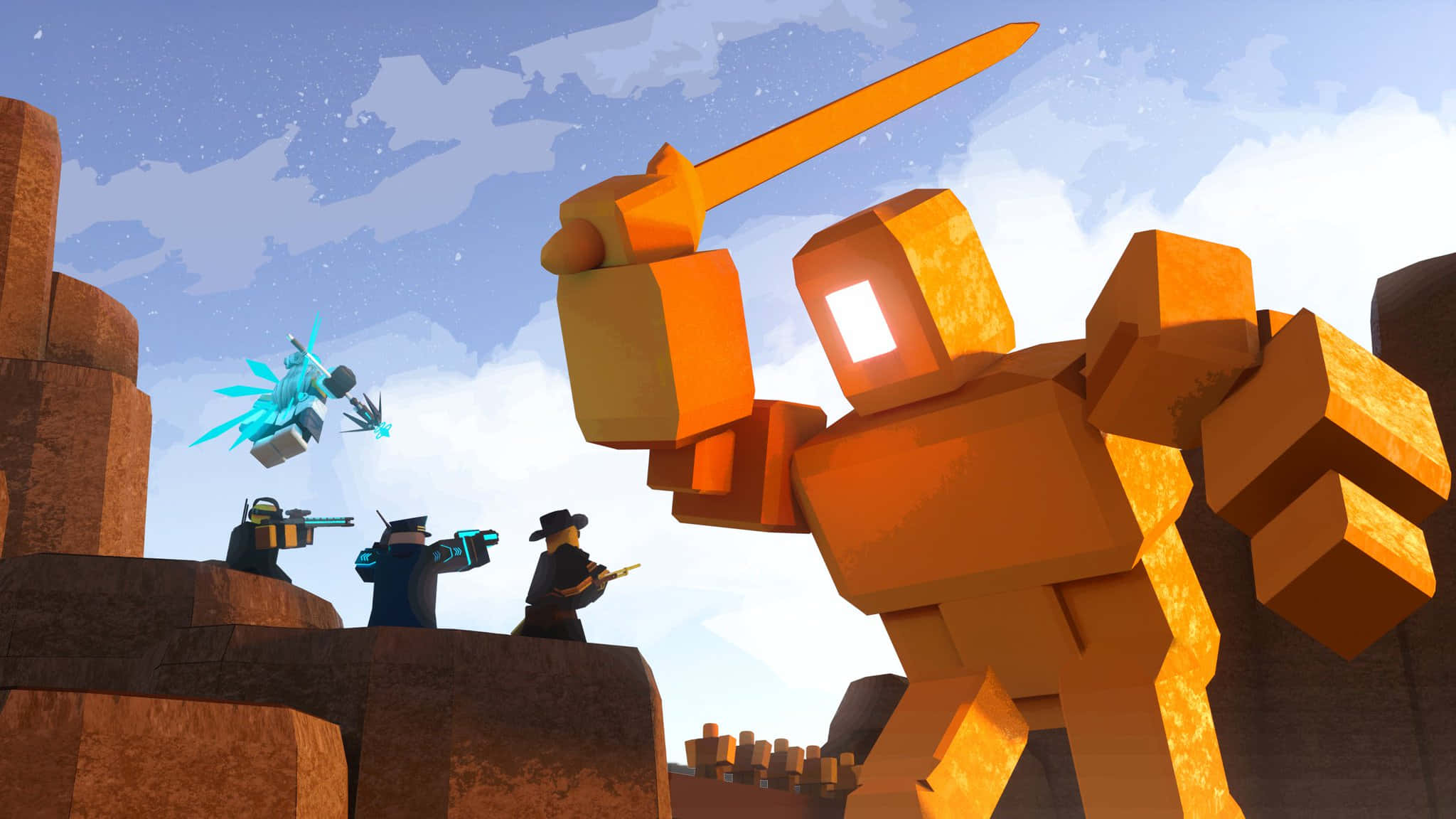 Tower Defence, 2048 x 1152, giant orange blocky robot, Full HD Desktop Wallpaper