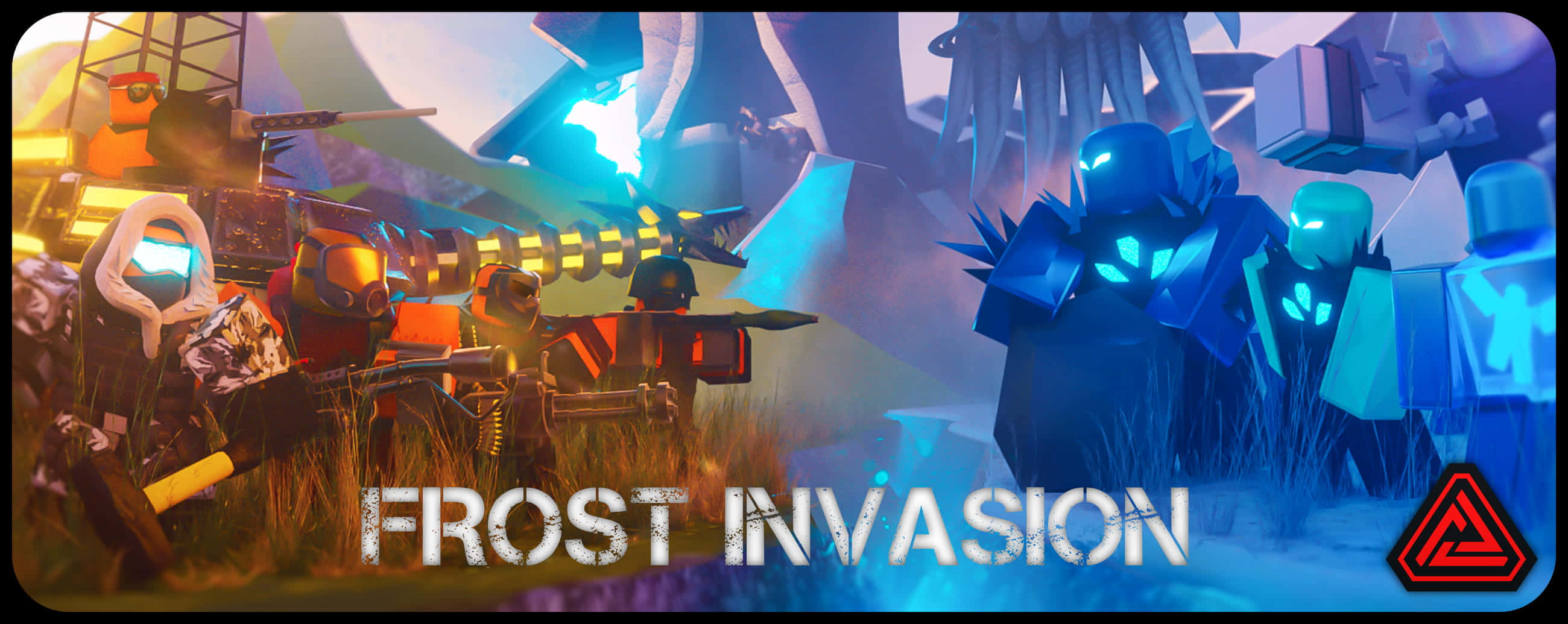 Tower Defence, glowing blue armored figures, orange-clad soldiers, 2K Desktop Wallpaper
