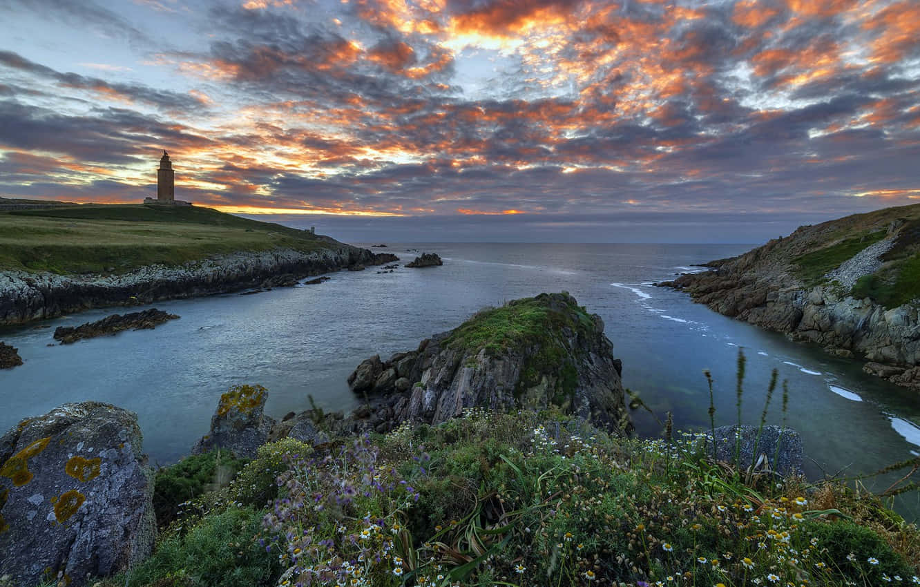 Tower Of Hercules, cloudy sunset sky, lighthouse, HD Desktop Wallpaper