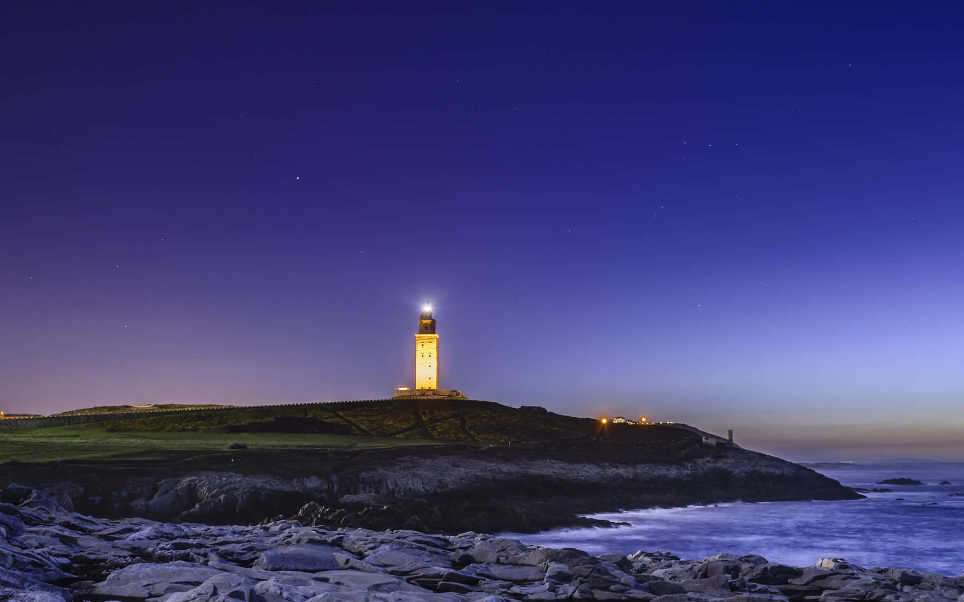 Tower Of Hercules, twilight, starly indigo sky, Full HD Desktop Wallpaper