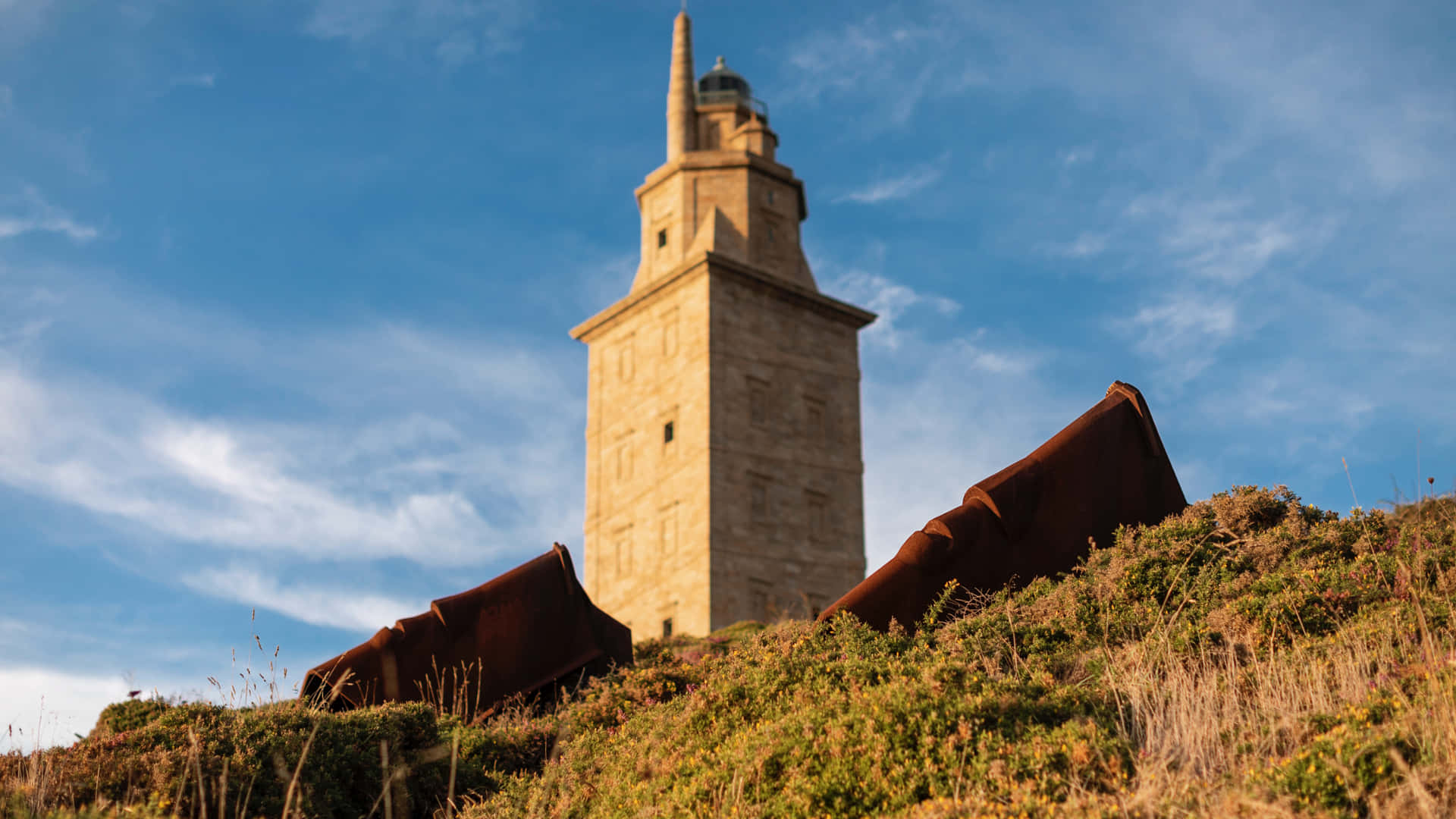 Tower Of Hercules, stone lighthouse, bright blue sky, Full HD Desktop Wallpaper