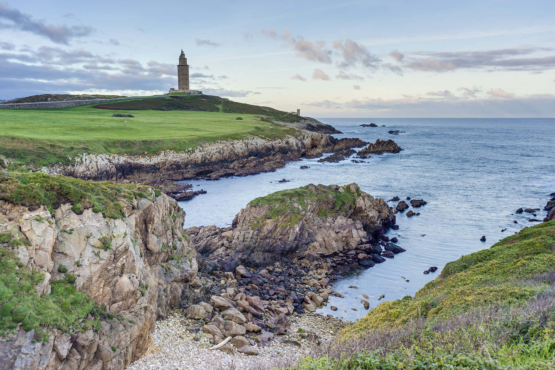Tower Of Hercules, grassy cliff, rocky coastline, Full HD Desktop Wallpaper
