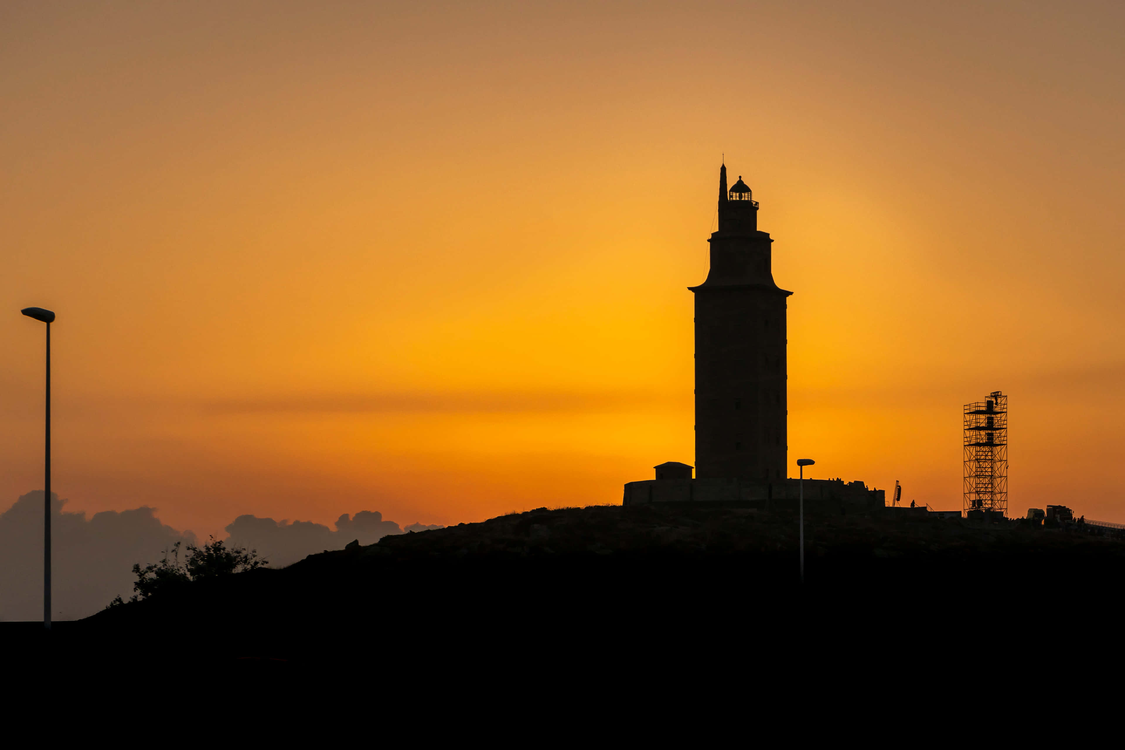 Tower Of Hercules, sunset, orange aesthetic, 4K Desktop Wallpaper