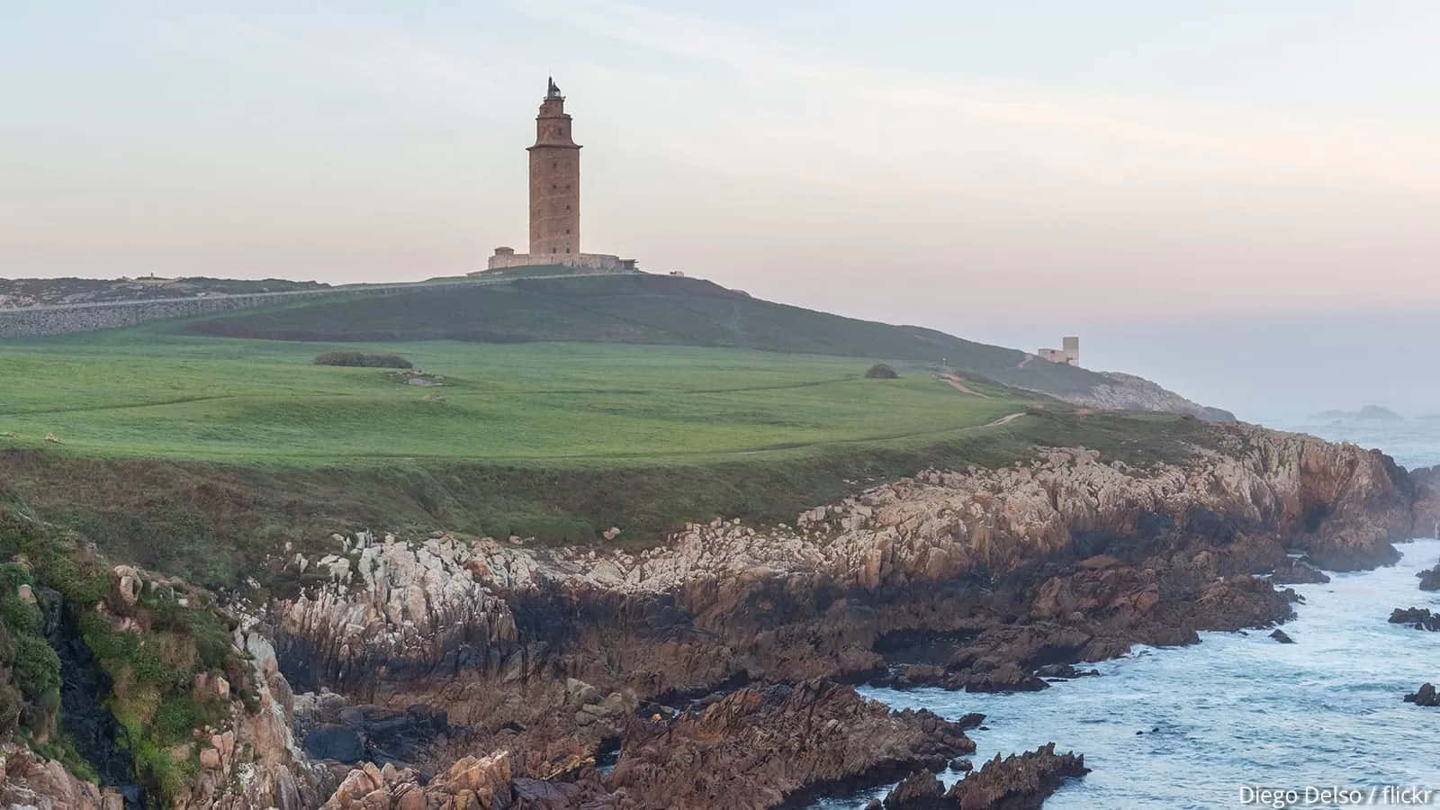 Tower Of Hercules, ocean waves, sunset, HD Desktop Wallpaper