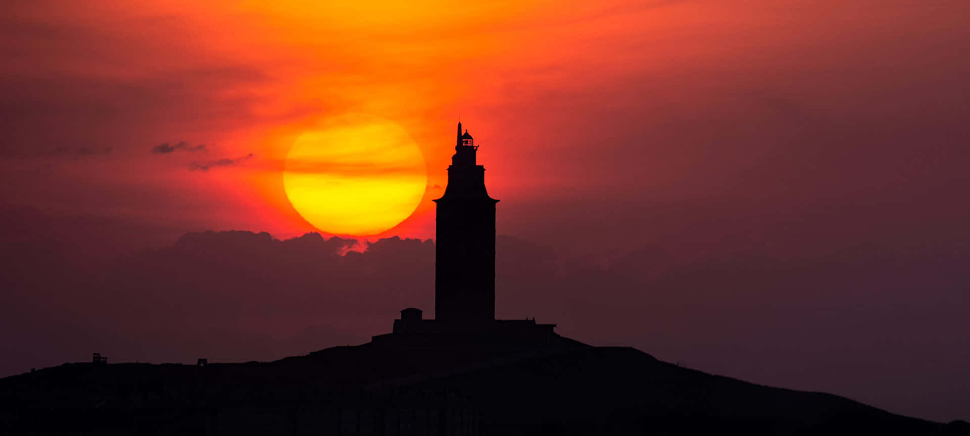 Tower Of Hercules, sunset, fiery orange, Full HD Desktop Wallpaper