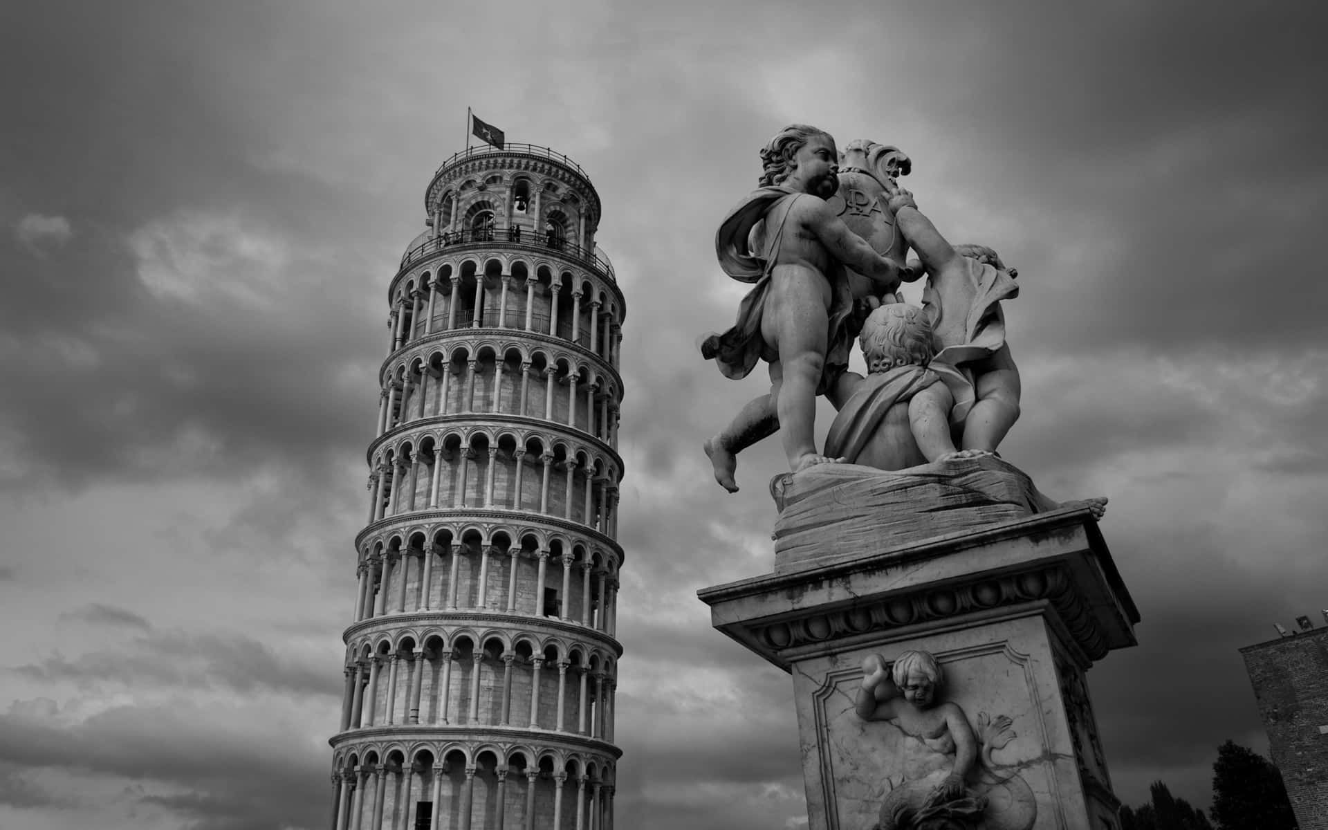 Tower Of Pisa, monochrome, classical sculpture, Full HD Desktop Wallpaper