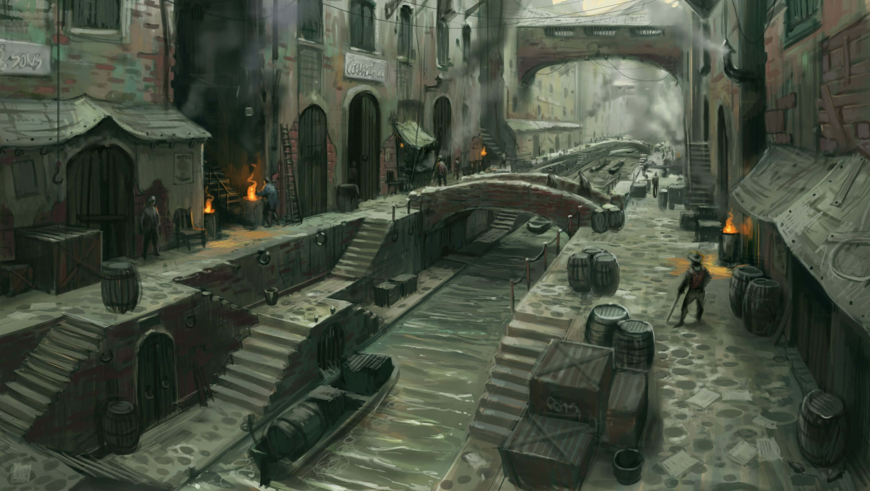 canal street, stone bridges, misty archway, 2K Desktop Wallpaper