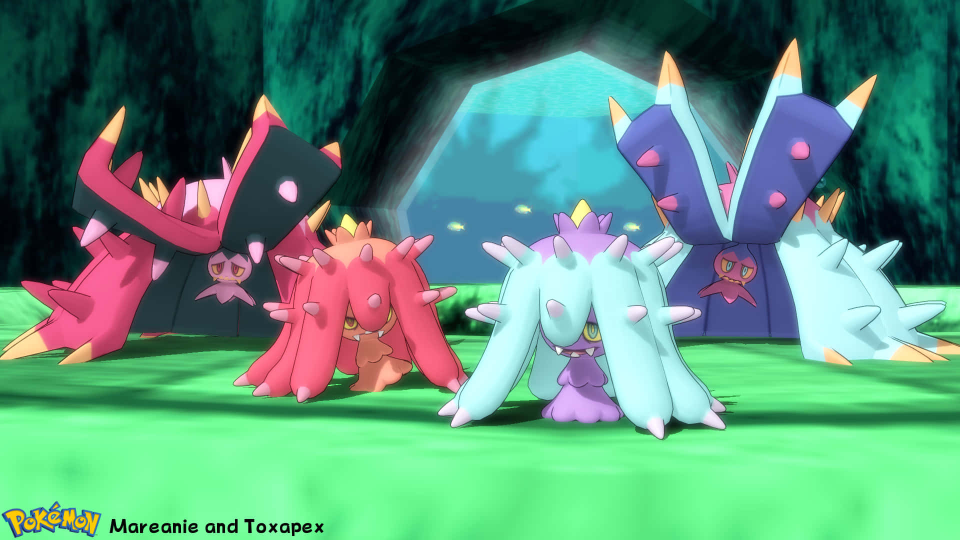 blue and pink Mareanie, Toxapex, glowing cave entrance, Full HD Desktop Wallpaper