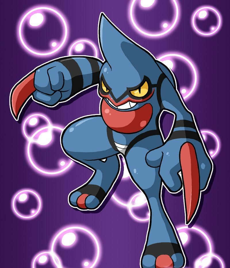 Toxicroak, bubbly purple background, blue and red anime-style, SD Phone Wallpaper