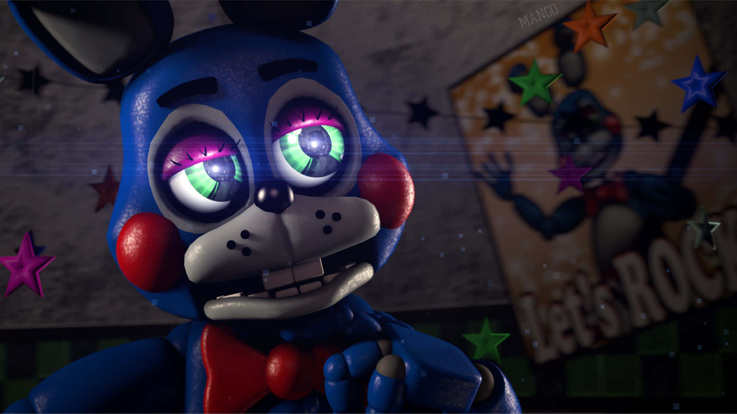 Toy Bonnie, blue animatronic bunny, glowing green eyes, 2K Desktop Wallpaper