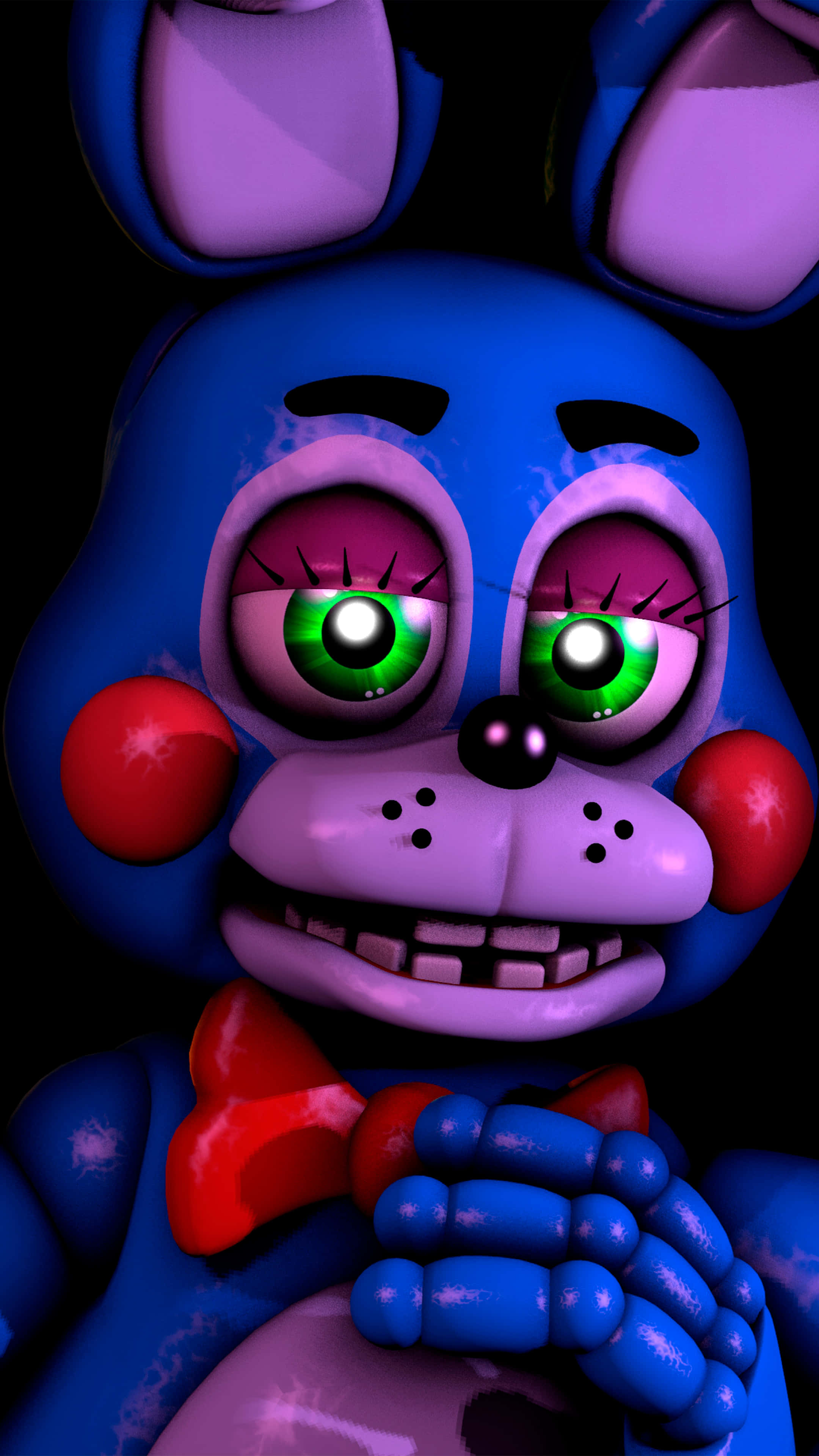 Toy Bonnie, blue animatronic bunny, glowing green eyes, 4K Phone Wallpaper