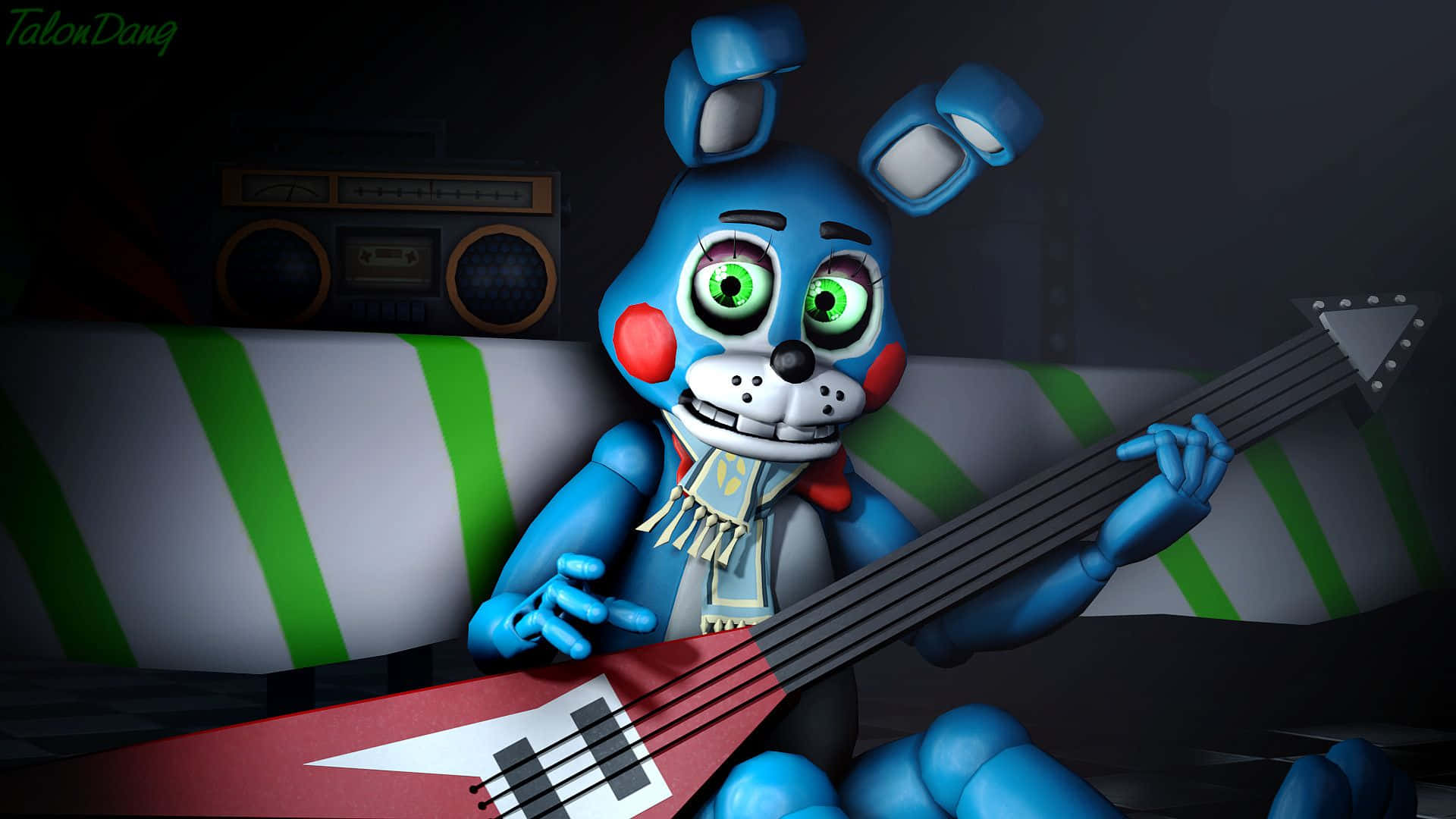 Toy Bonnie, blue animatronic rabbit, glowing green eyes, Full HD Desktop Wallpaper
