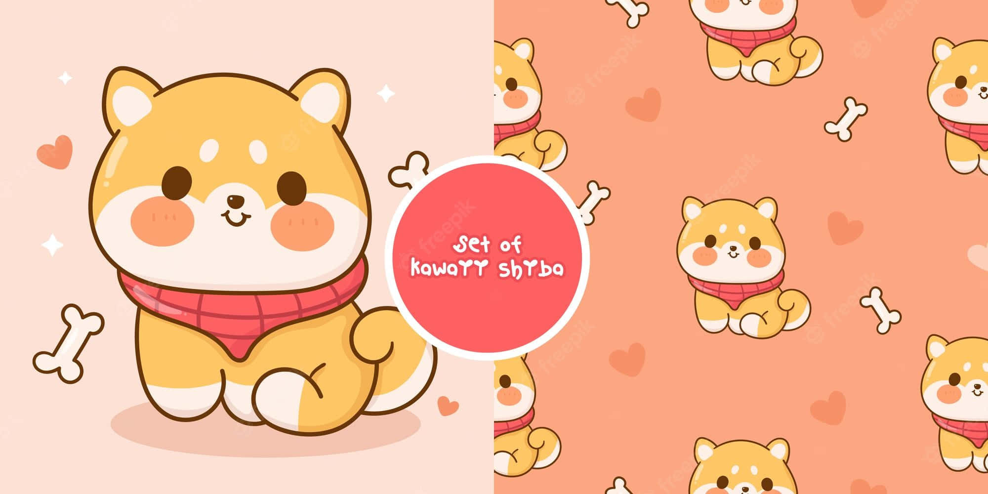 cute cartoon Shiba Inu puppy, red scarf, repeating pattern, Full HD Desktop Wallpaper