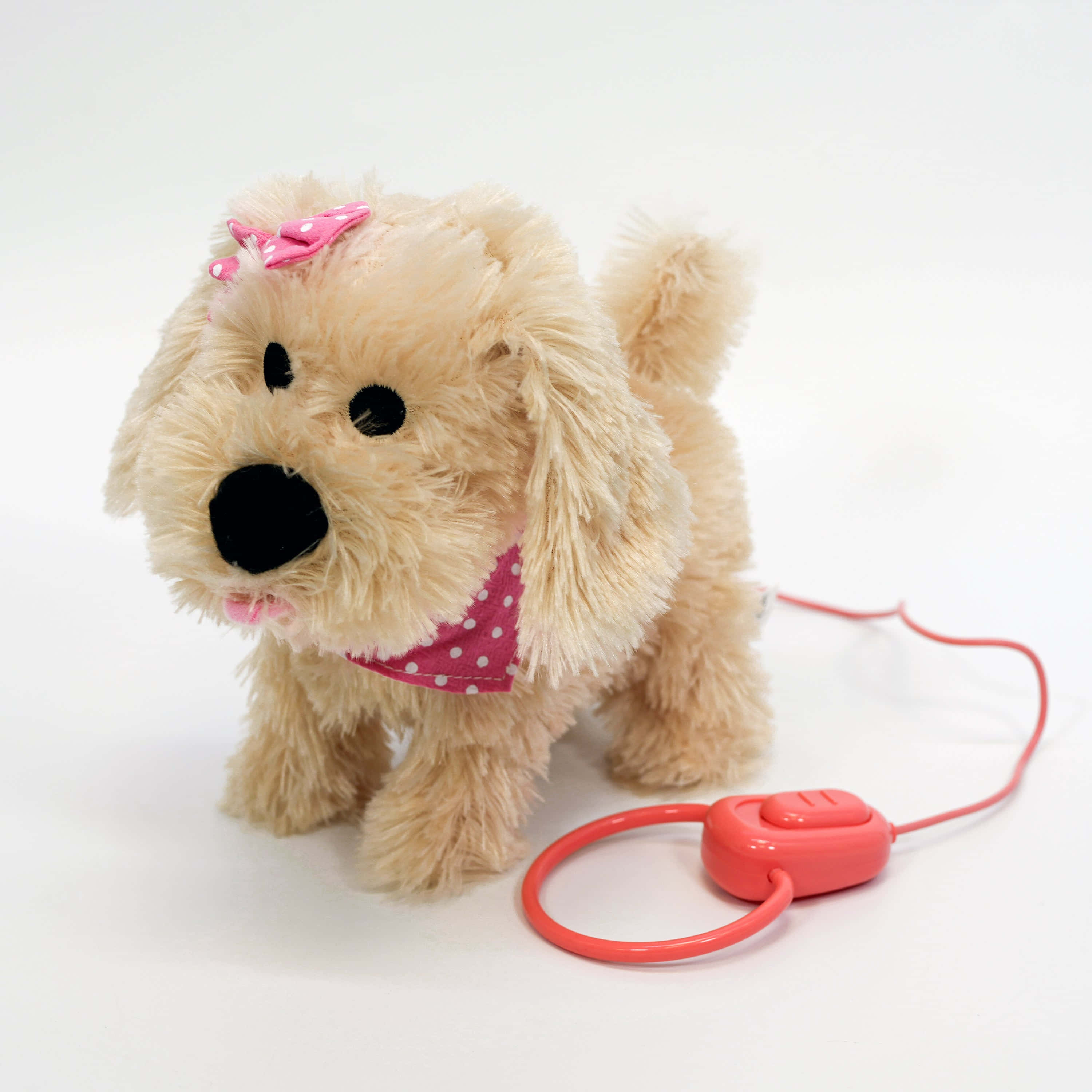 fluffy beige toy dog, pink polka-dot bandana, bow, 2K Desktop Wallpaper