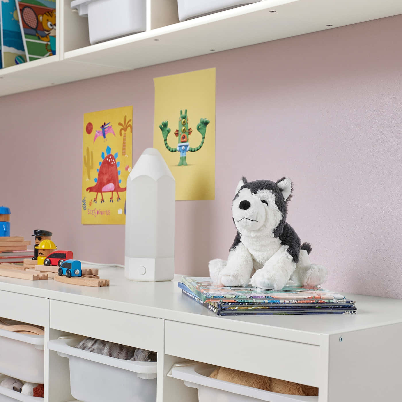 plush husky, colorful books, white storage unit, HD Desktop Wallpaper