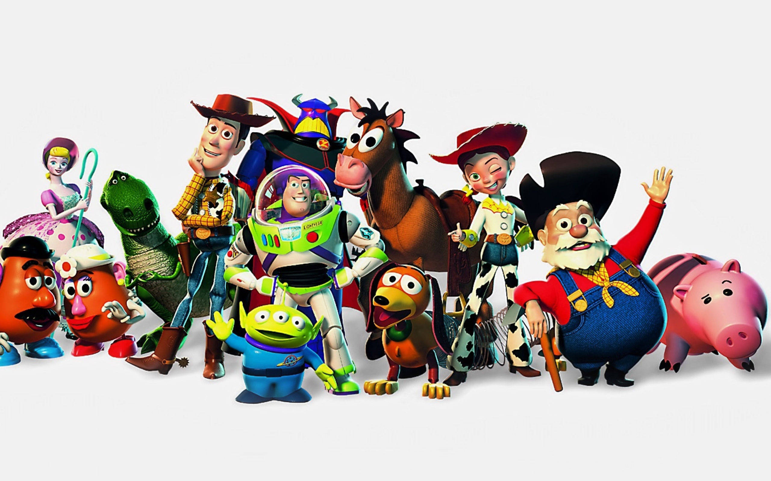 Toy Story 2, full cast, white background, 2K Desktop Wallpaper