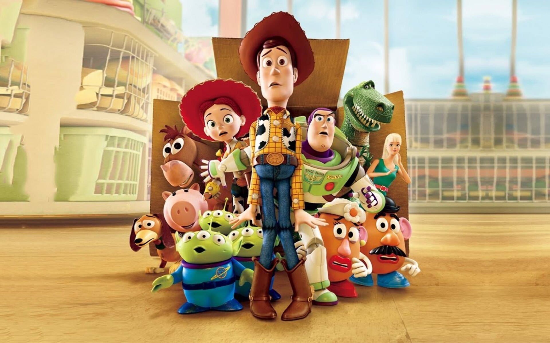 Toy Story 2, characters, cardboard box, Full HD Desktop Wallpaper