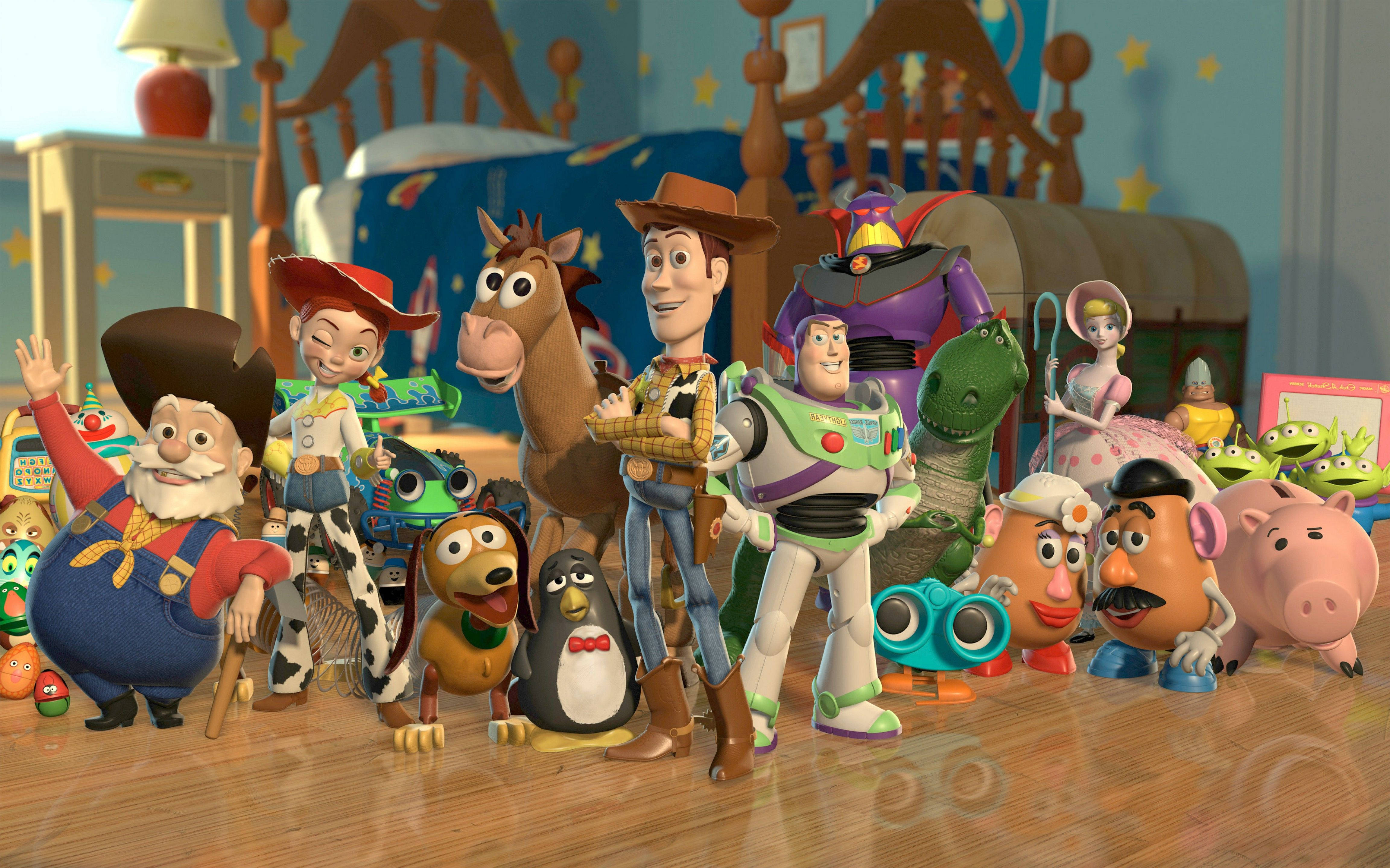 Toy Story 2, complete characters, child's bedroom, 4K Desktop Wallpaper
