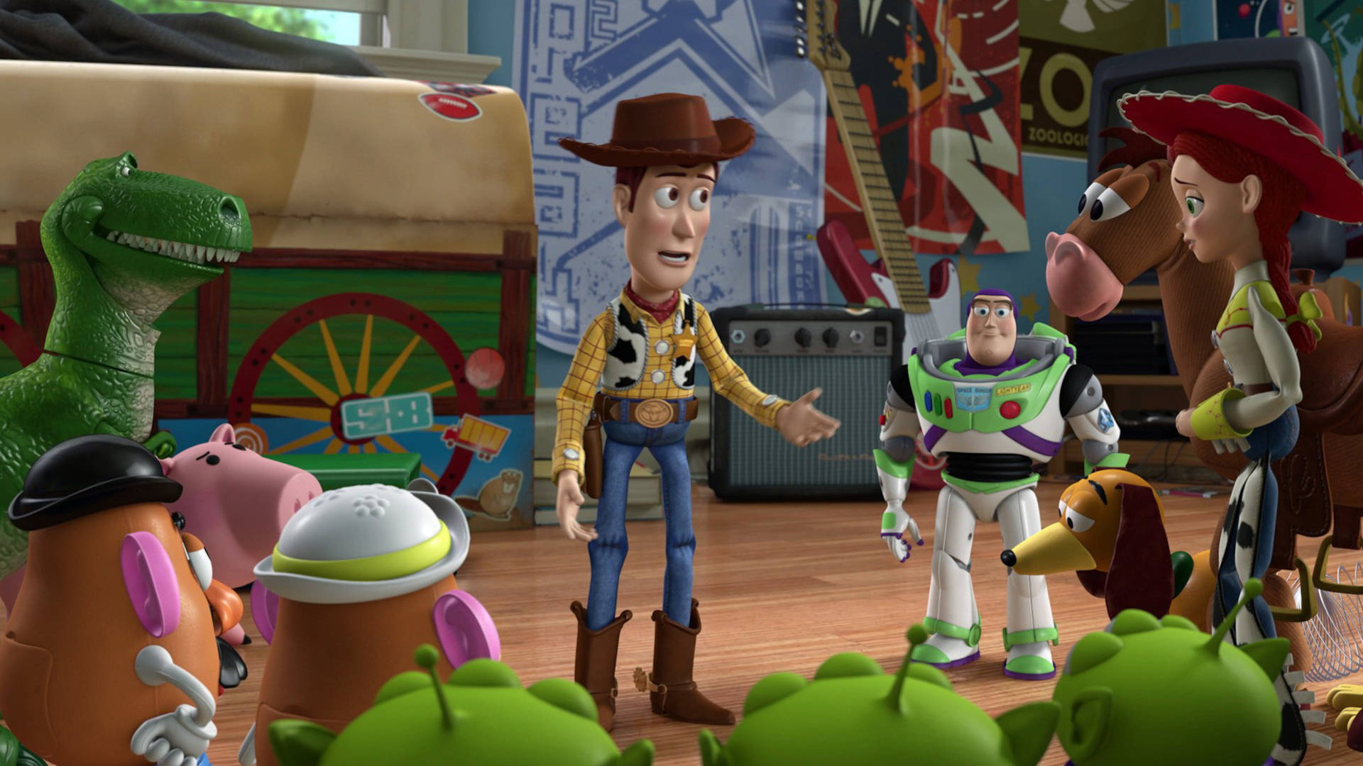 Toy Story 3, cast meeting, child's messy bedroom, Full HD Desktop Wallpaper