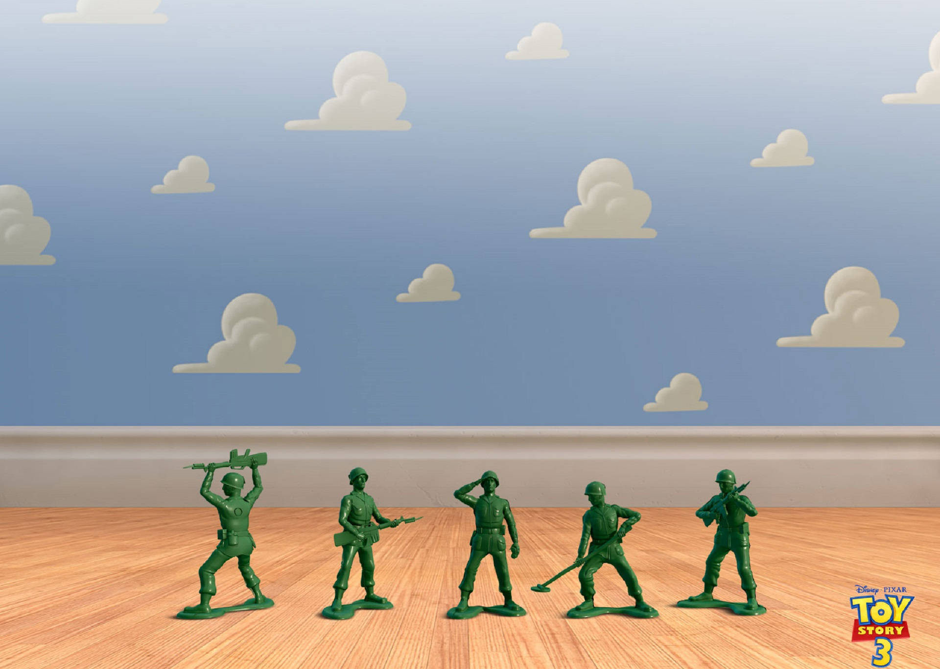 Toy Story 3, green plastic toy soldiers, wooden floor, Full HD Desktop Wallpaper