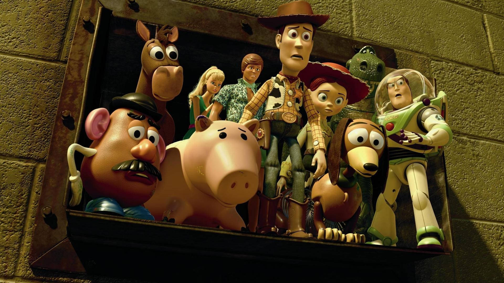 Toy Story 3, rusty metal box, brick wall, Full HD Desktop Wallpaper