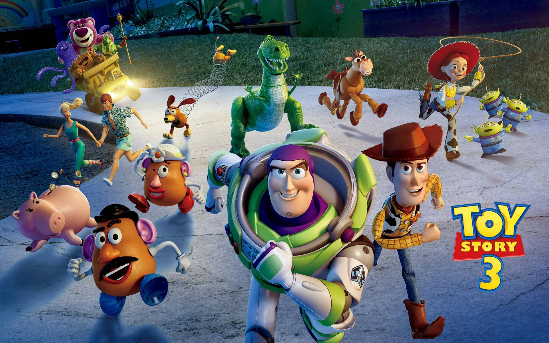 Toy Story 3, Toy Story characters, suburban driveway, Full HD Desktop Wallpaper