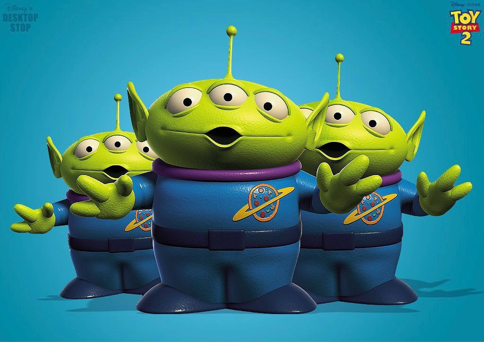 Toy Story Alien, three green three-eyed aliens, blue space suits, Full HD Desktop Wallpaper