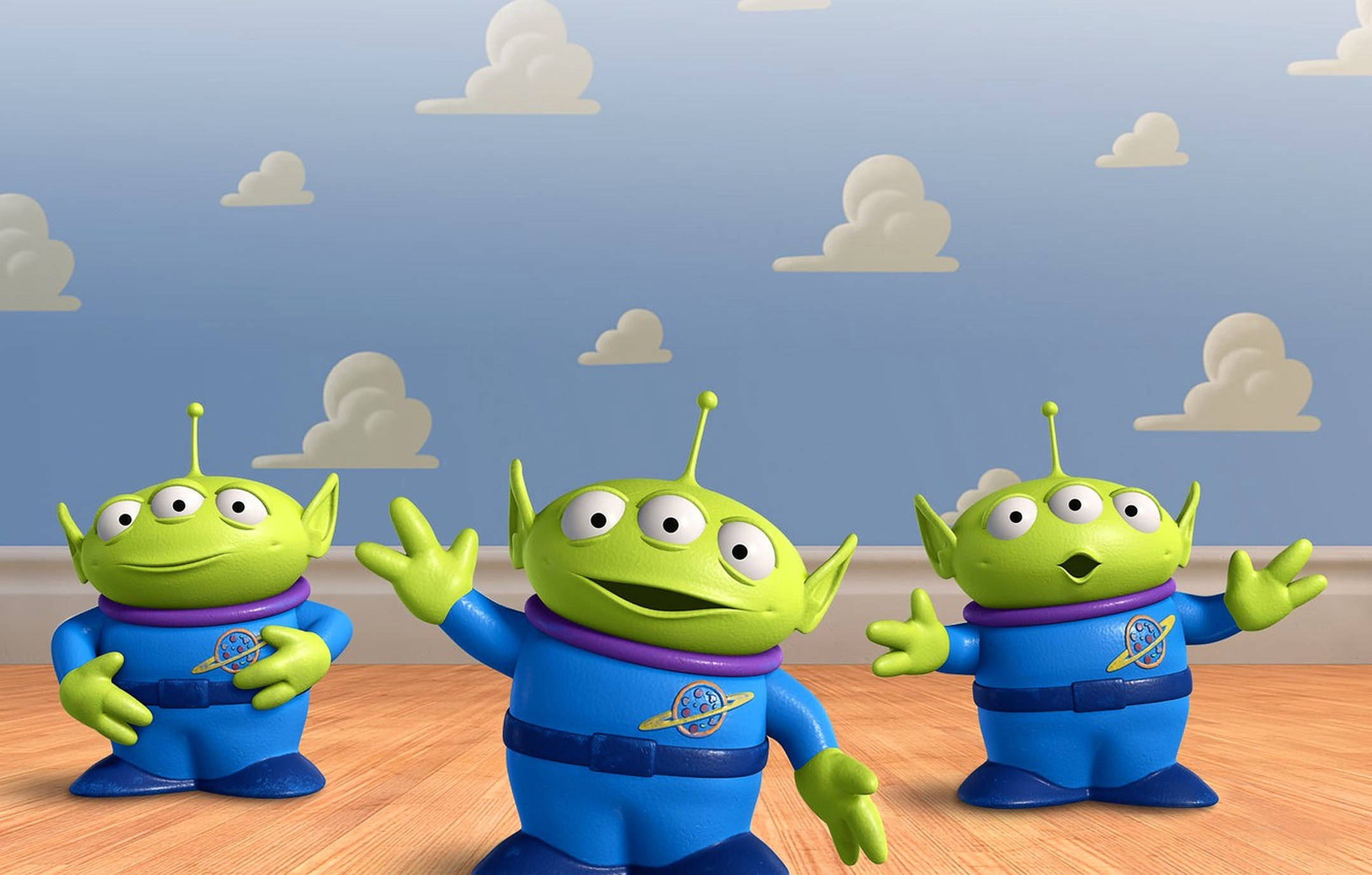 Toy Story Alien, three green three-eyed aliens, blue space suits, Full HD Desktop Wallpaper