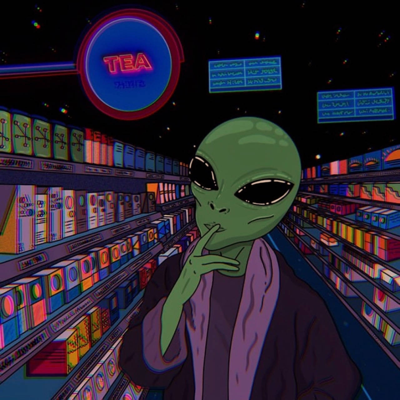 green alien, purple robe, neon-lit cosmic grocery aisle, HD Desktop Wallpaper