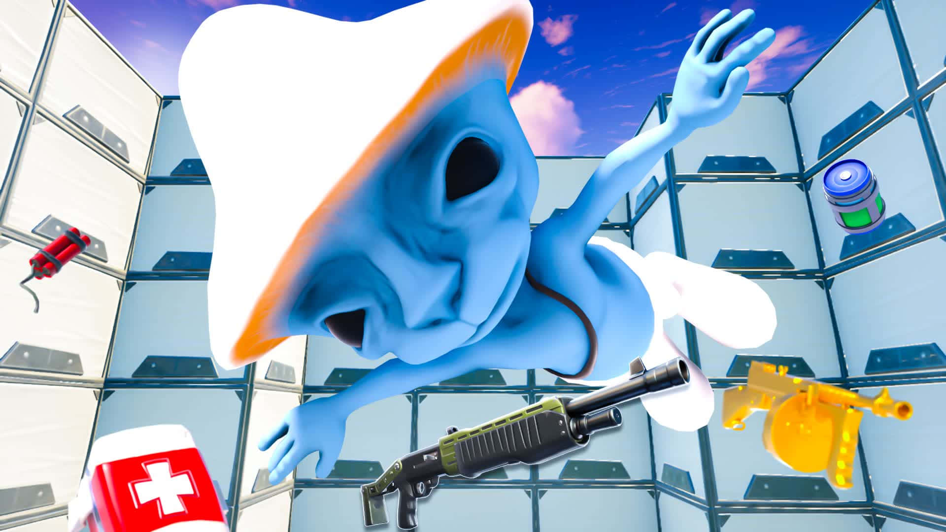 Blue Alien, white hat, floating weapons, Full HD Desktop Wallpaper