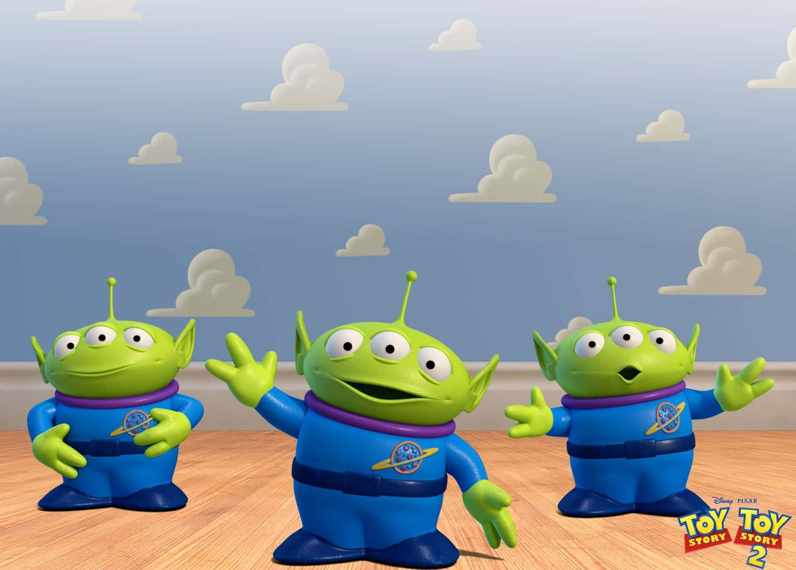 Toy Story, Cloud, three green three-eyed aliens, HD Desktop Wallpaper