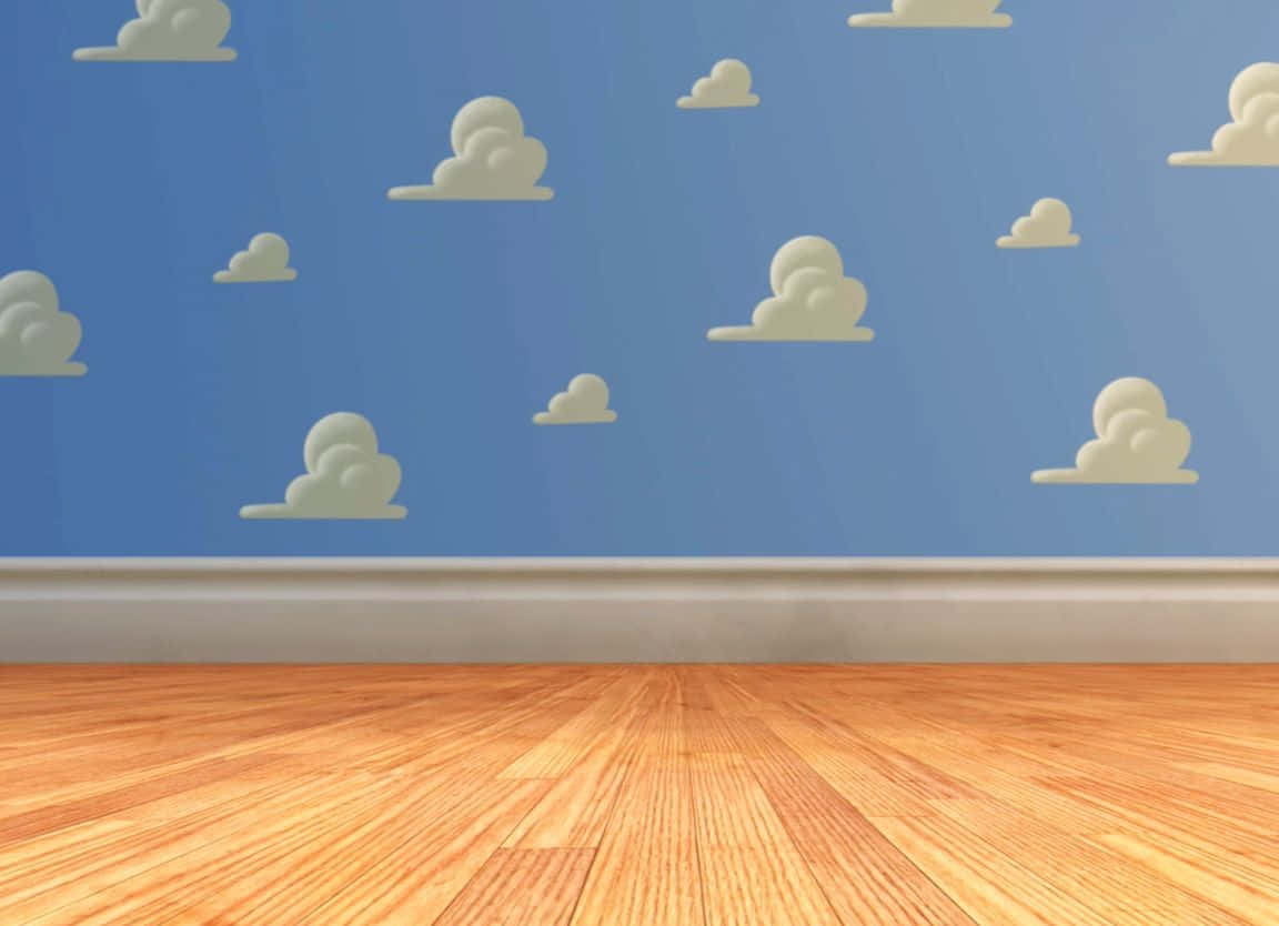 Toy Story, wooden floor, blue wall, SD Desktop Wallpaper