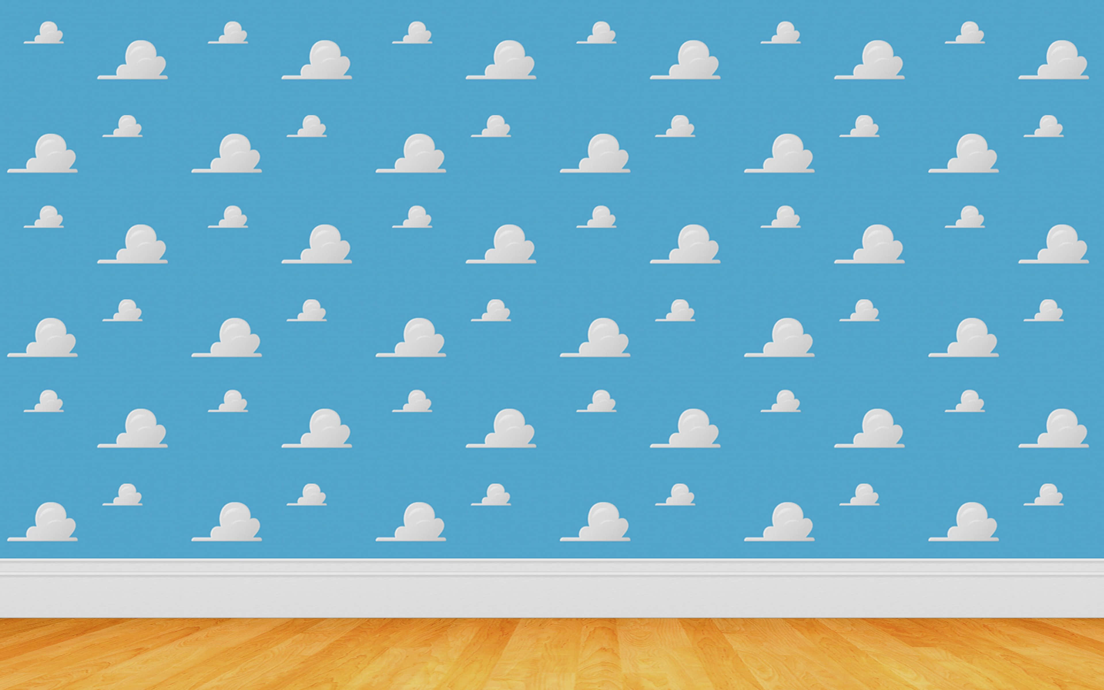 Toy Story Cloud, blue wall, white cloud decals, 4K Desktop Wallpaper