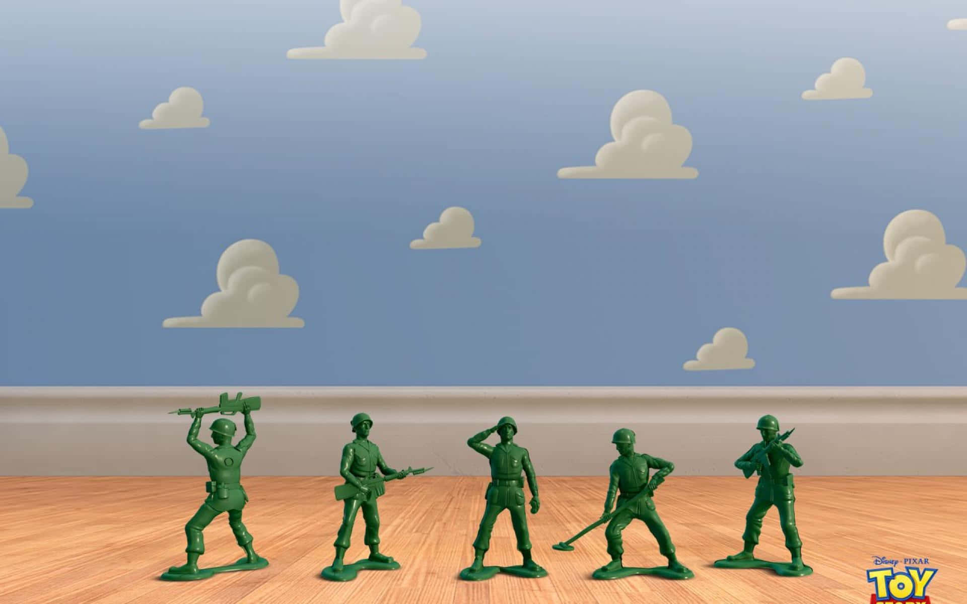 Toy Story Cloud, green plastic toy soldiers, blue sky, Full HD Desktop Wallpaper