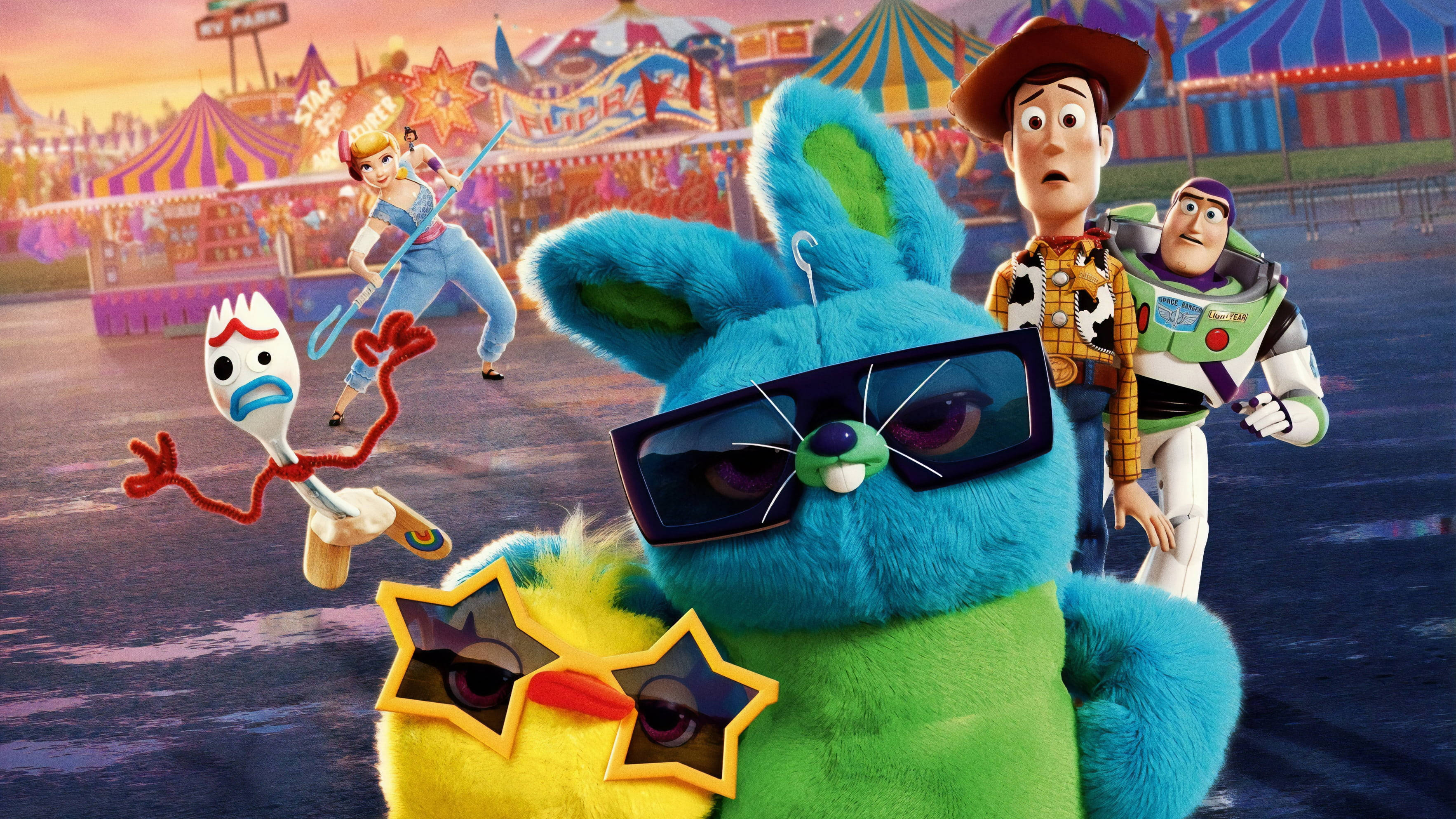 Toy Story Forky, carnival, blue bunny, 2K Desktop Wallpaper