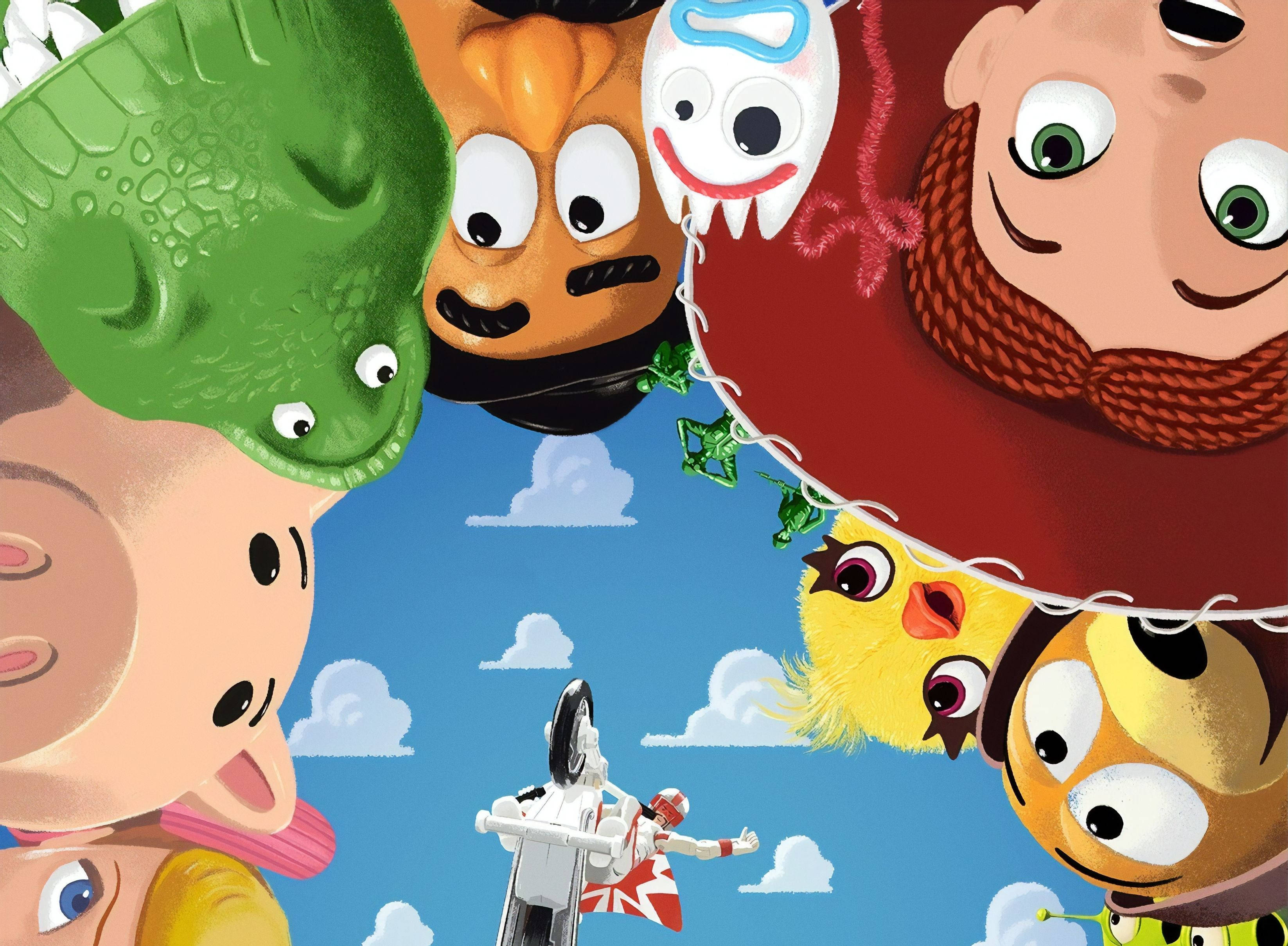 Toy Story 4, giant cartoon characters, small motorcyclist, 2K Desktop Wallpaper