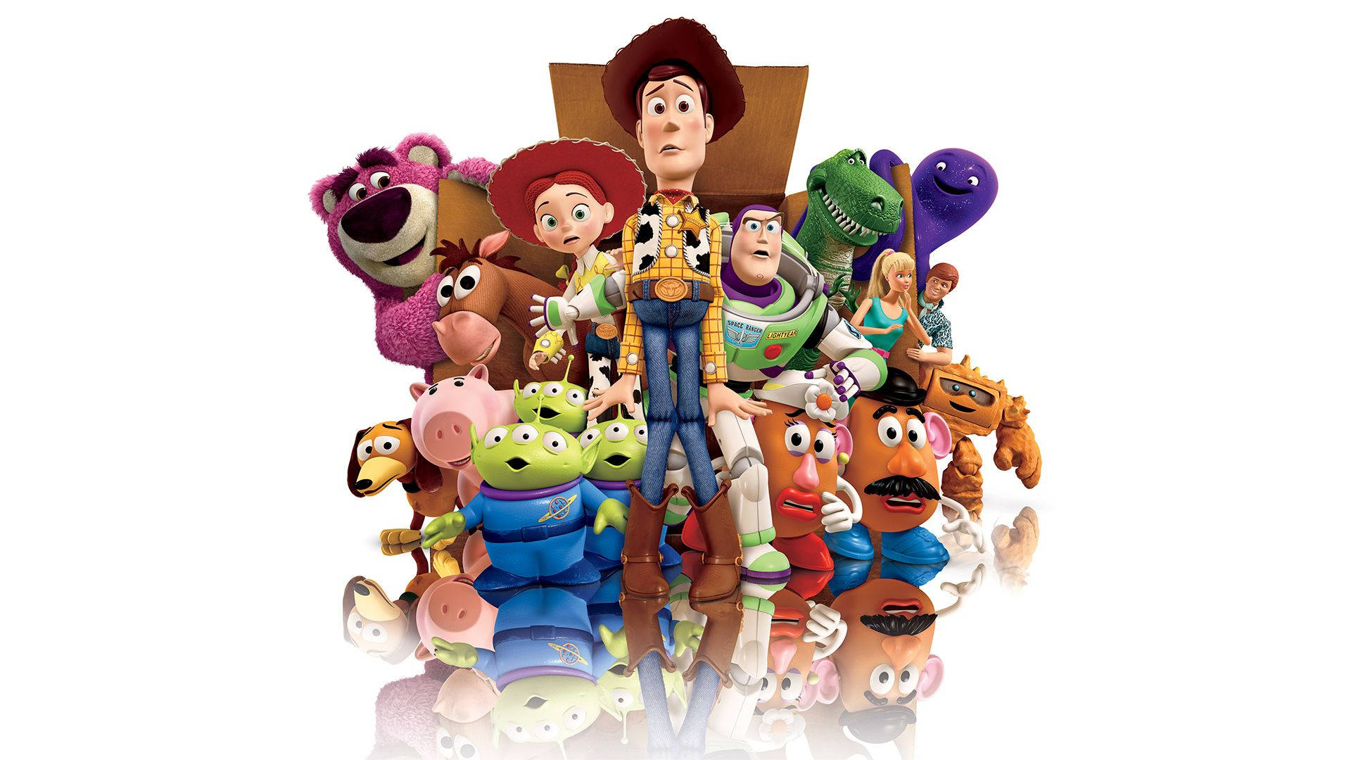 Toy Story 3, all cast, reflective surface, Full HD Desktop Wallpaper