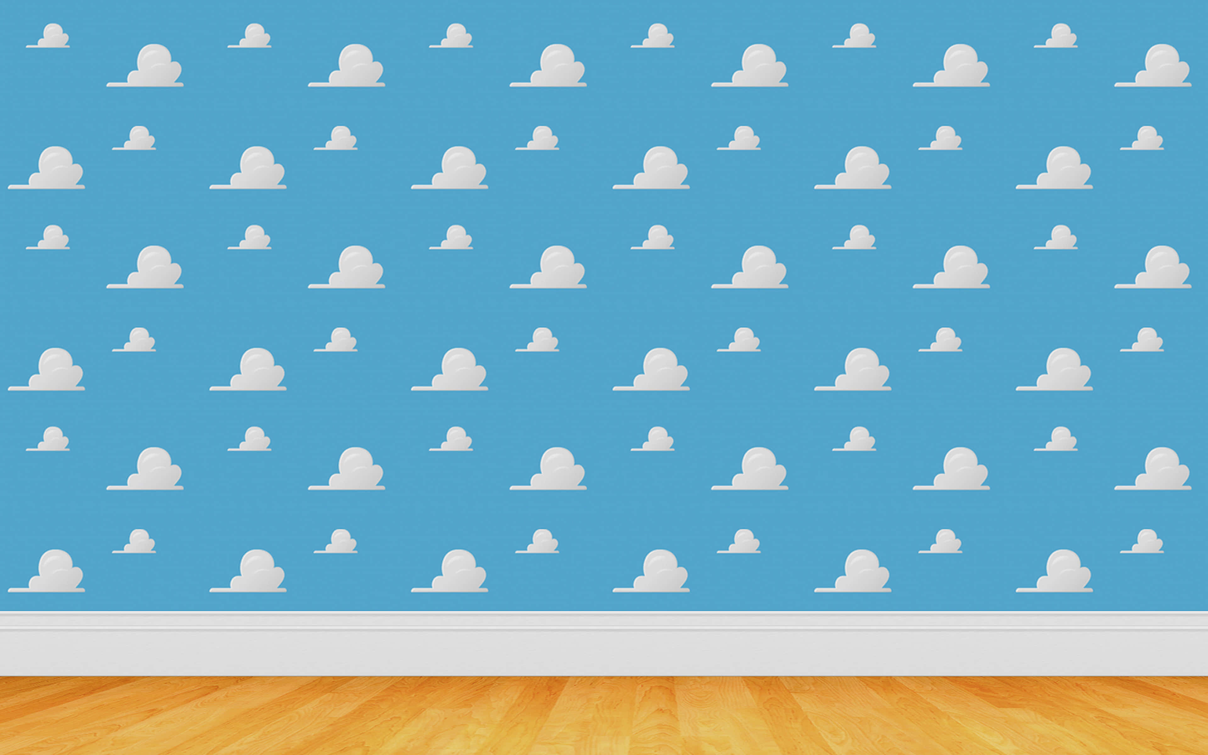 Toy Story, blue wall, white cloud decals, 4K Desktop Wallpaper