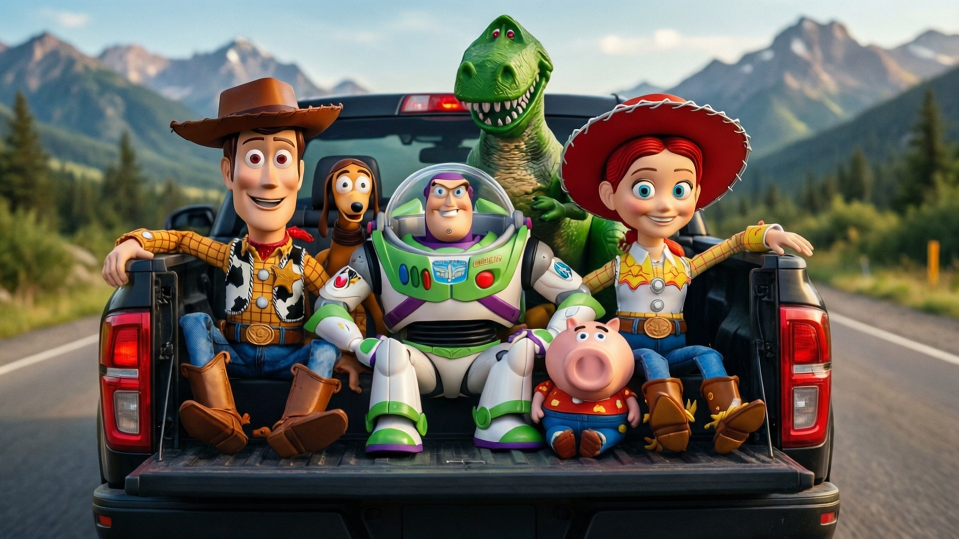 Toy Story, pickup truck, mountain backdrop, Full HD Desktop Wallpaper