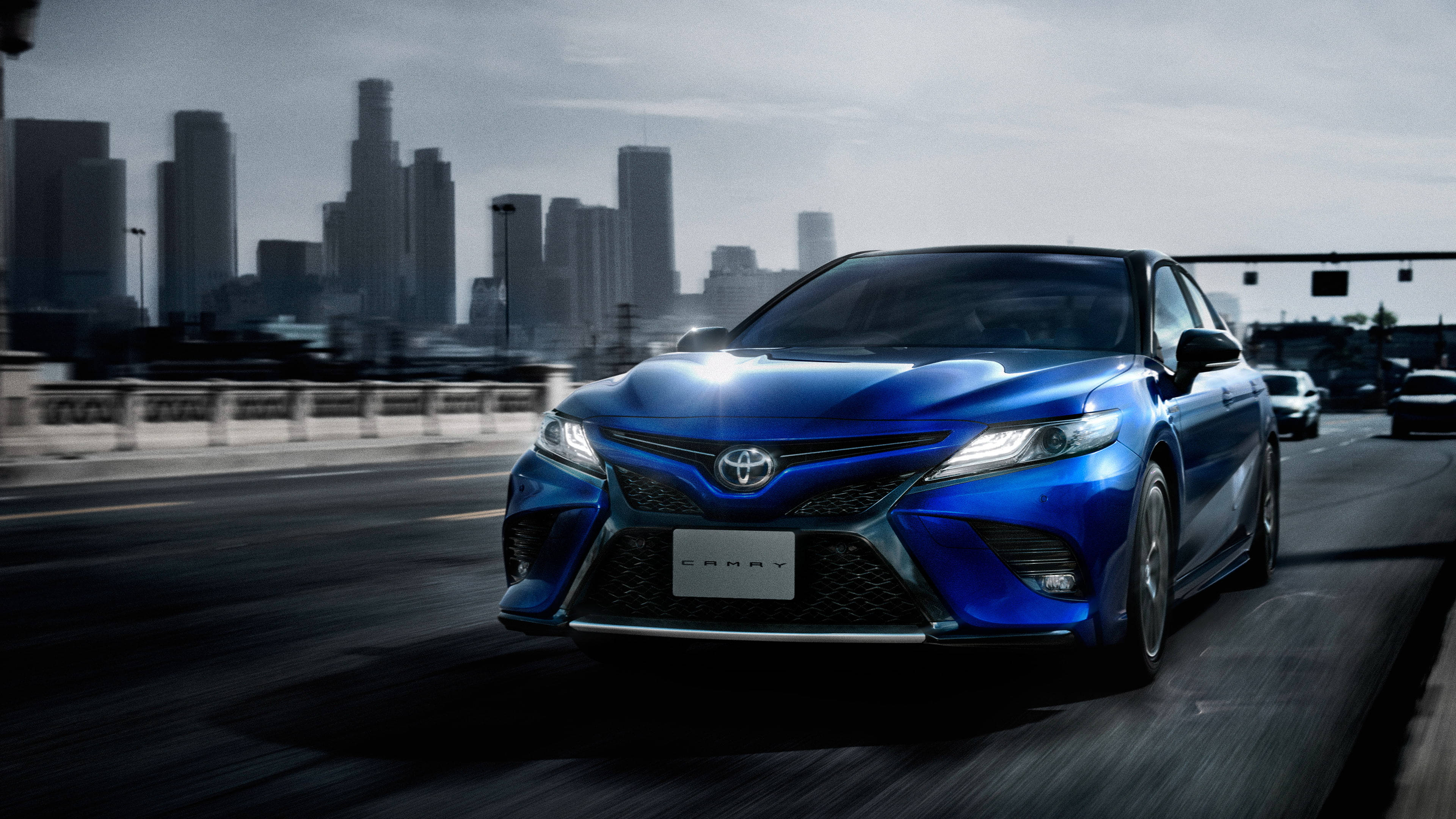 blue exterior, Toyota Camry, city highway, 4K Desktop Wallpaper