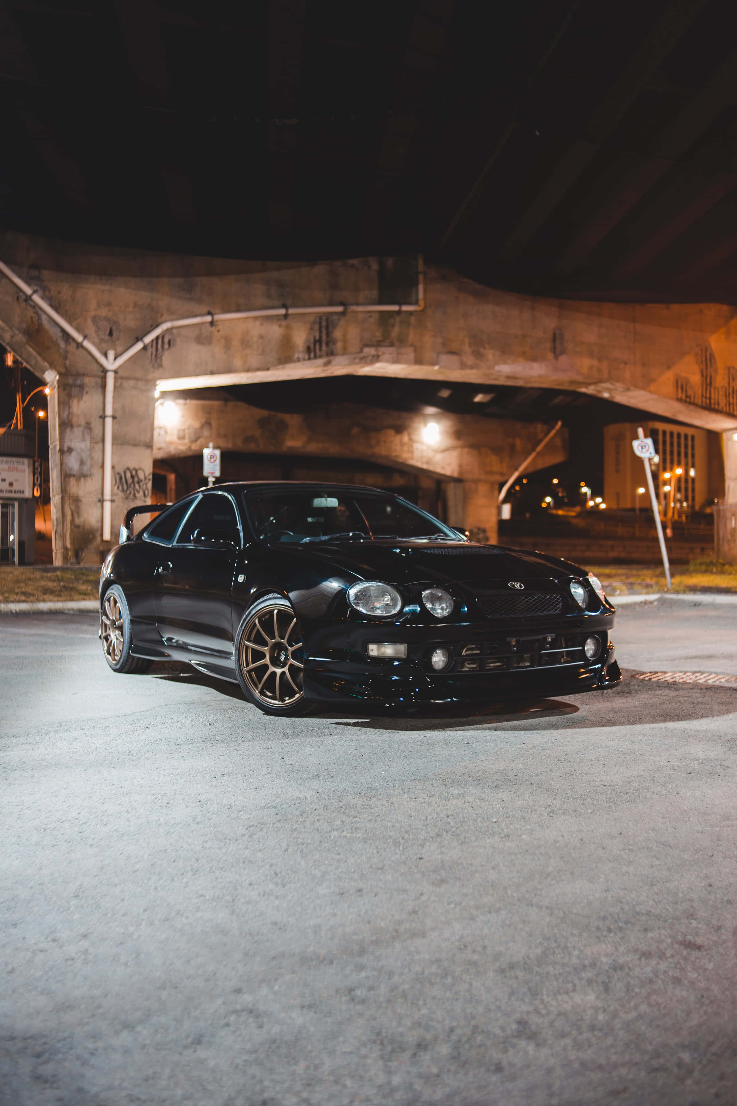 Toyota Celica, glossy black, gold rims, 2K Phone Wallpaper