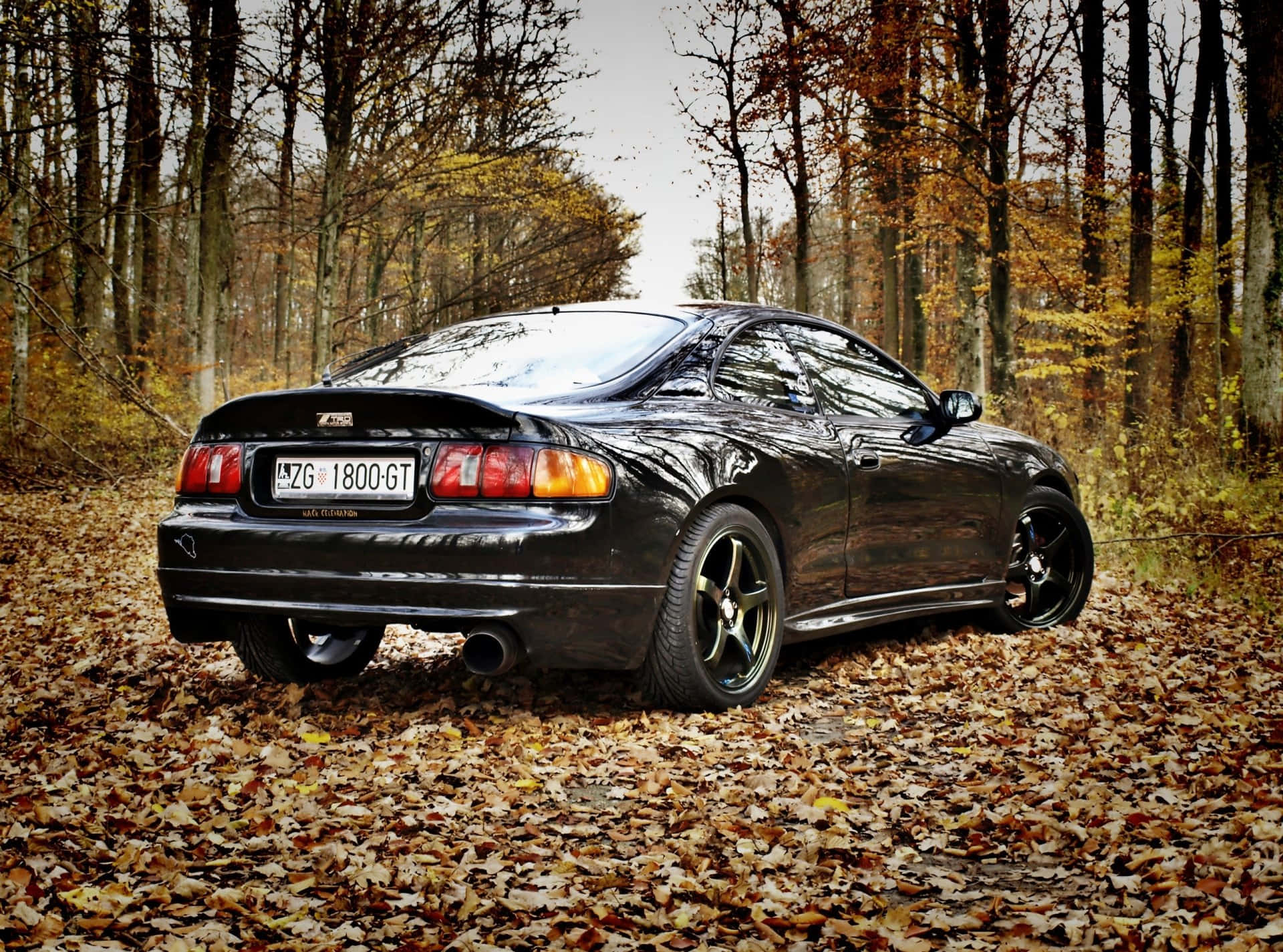 Toyota Celica, black, autumn leaves, Full HD Desktop Wallpaper