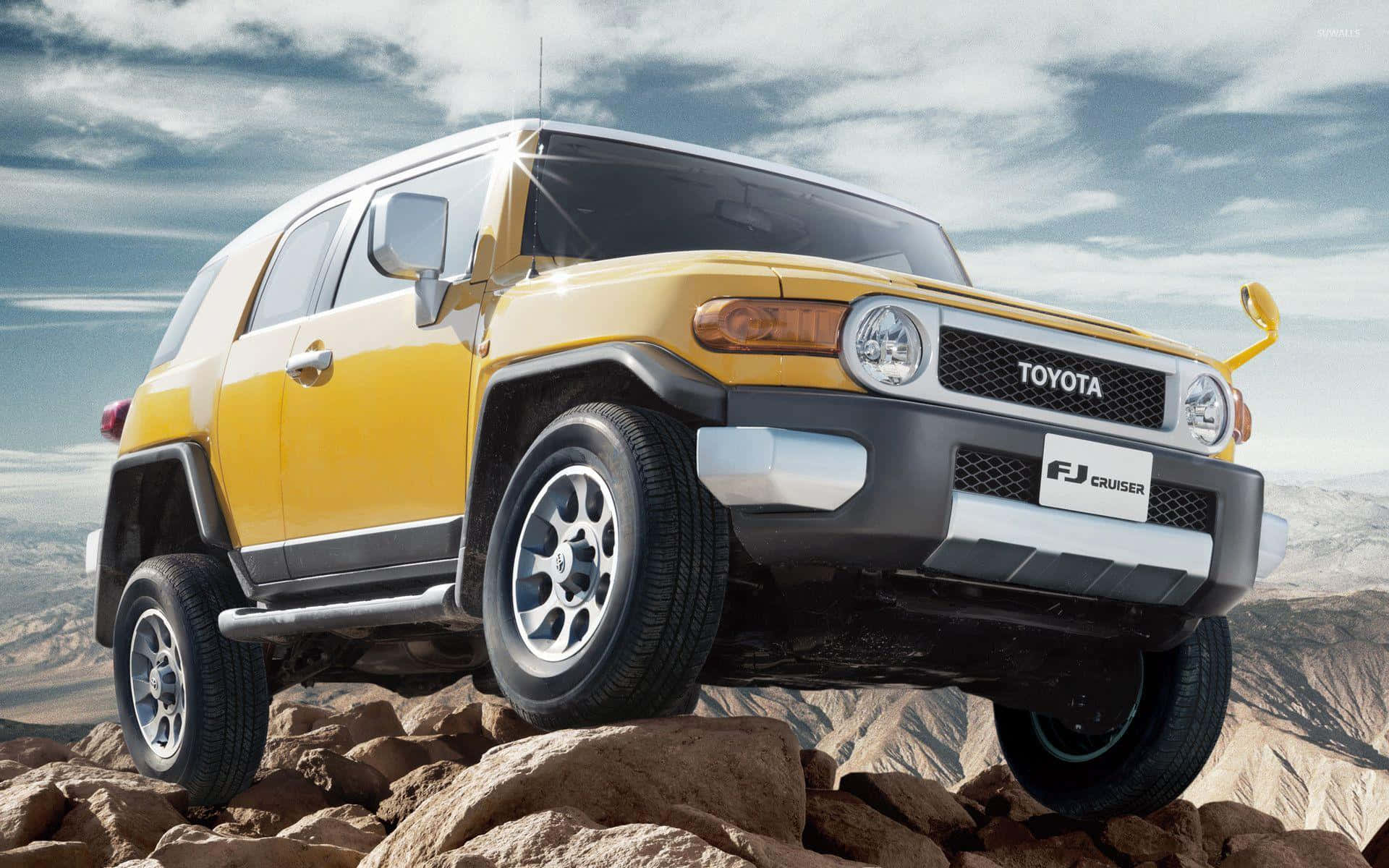 Toyota FJ Cruiser, bold yellow, rugged rocky terrain, Full HD Desktop Wallpaper