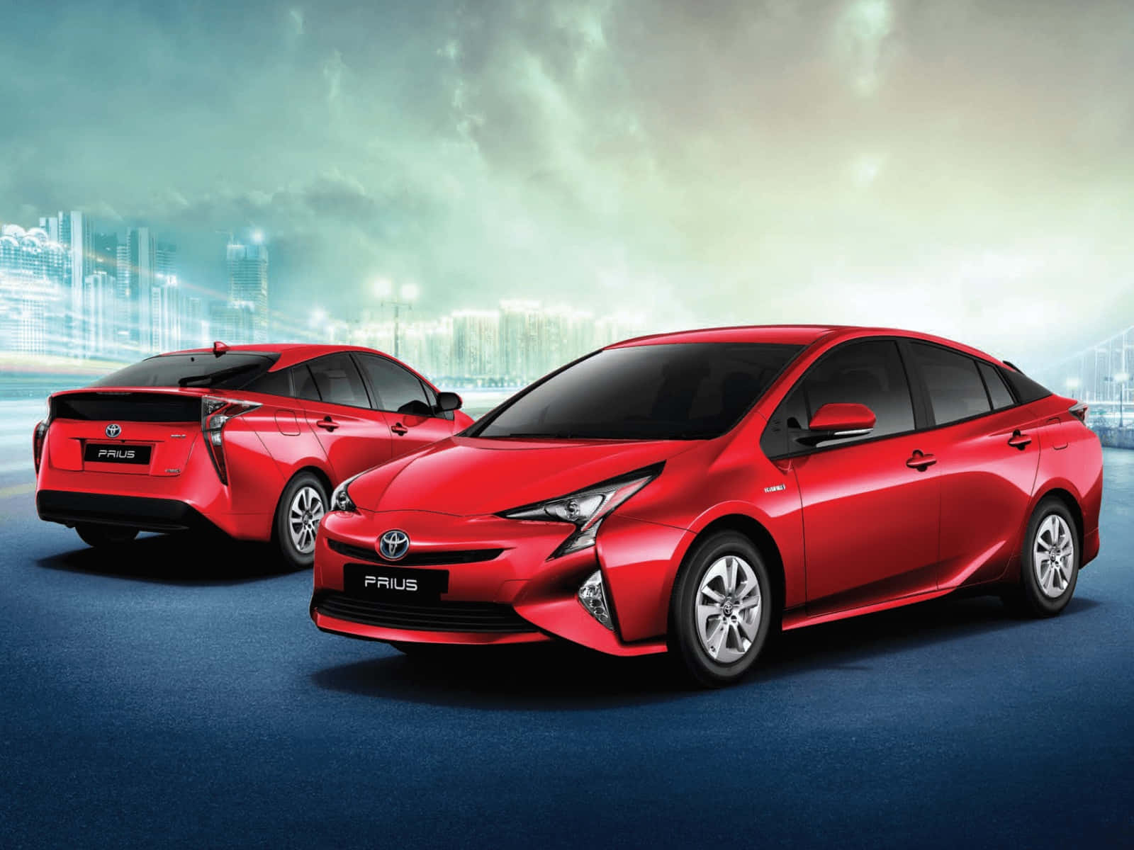 Toyota Prius, glossy red, futuristic city skyline, HD Desktop Wallpaper